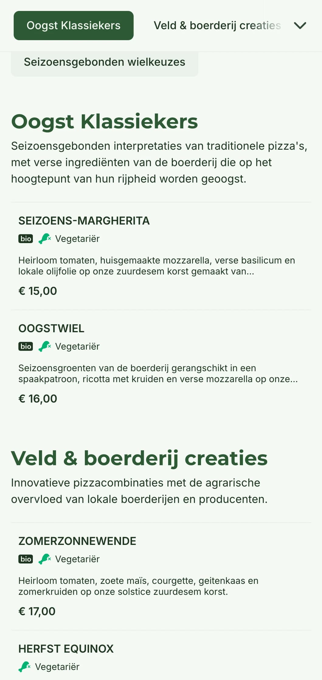 Boerderij-tot-tafel pizzamenu met seizoensgebonden ingrediënten en rustieke bereiding.