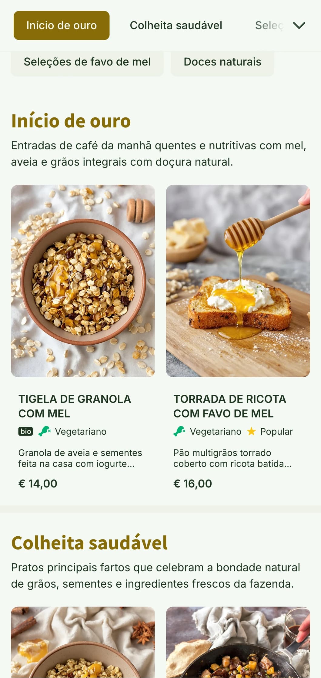 Modelo de brunch quente e dourado com texturas naturais, ideal para locais de café da manhã saudável e cafés com padaria.