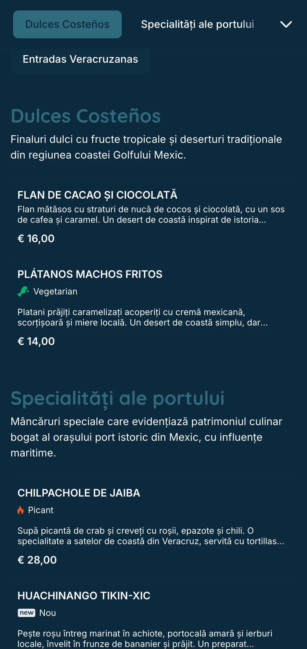 Meniu de coastă proaspăt și savuros, care prezintă specialități din fructe de mare din Veracruz, cu accente turcoaz, imagini de coastă și preparate din pește semnătură.