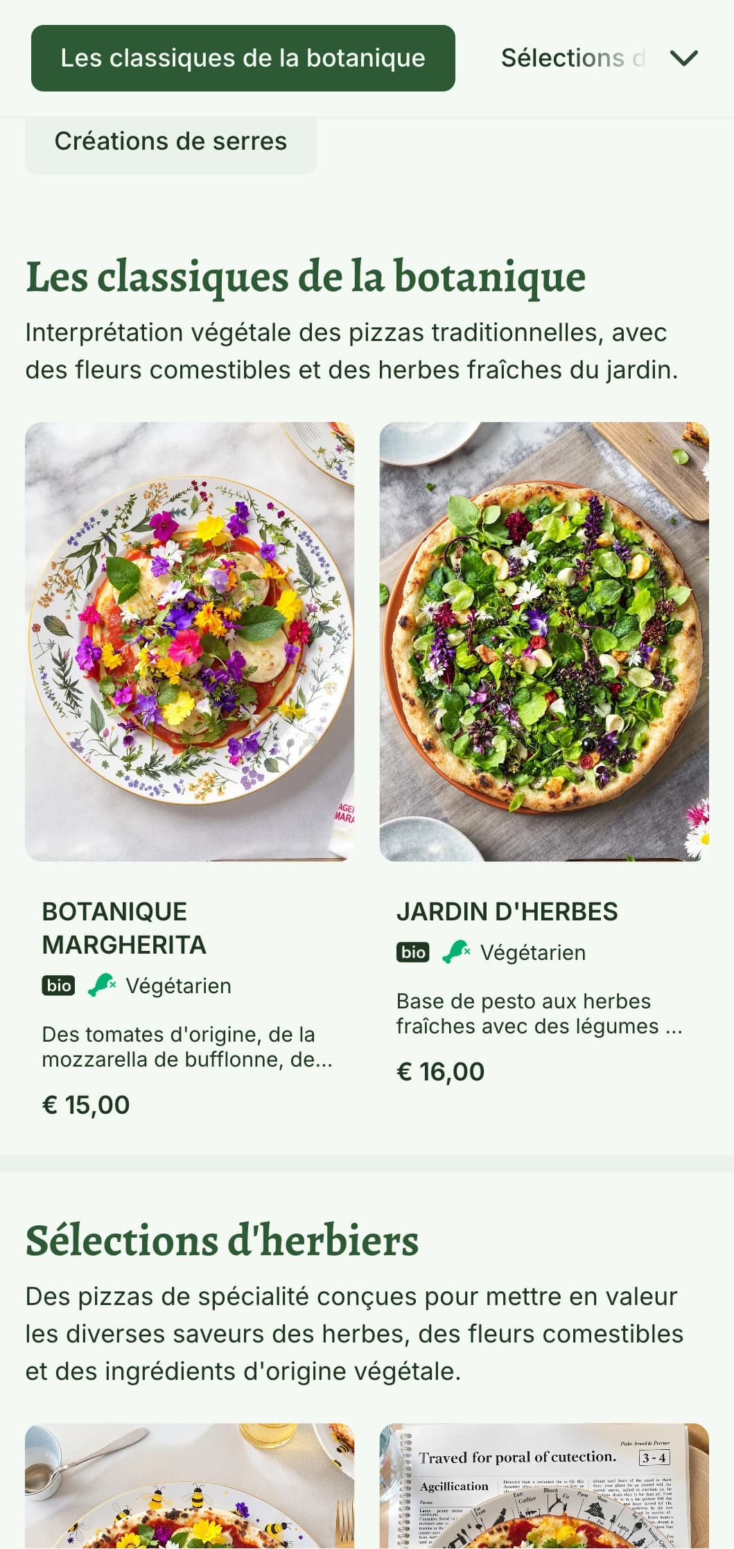 Carte de pizzas à base de plantes avec des illustrations botaniques et des éléments de design naturels.