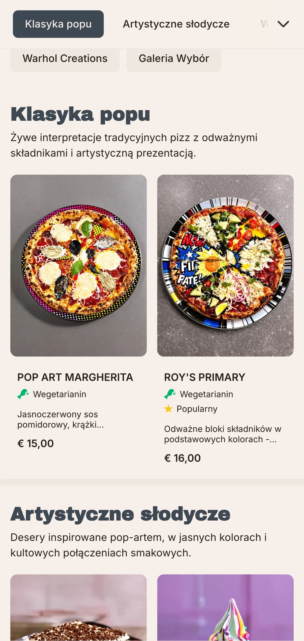 Menu inspirowane pizzą Andy'ego Warhola z elementami pop-artu i retro-nowoczesną estetyką.