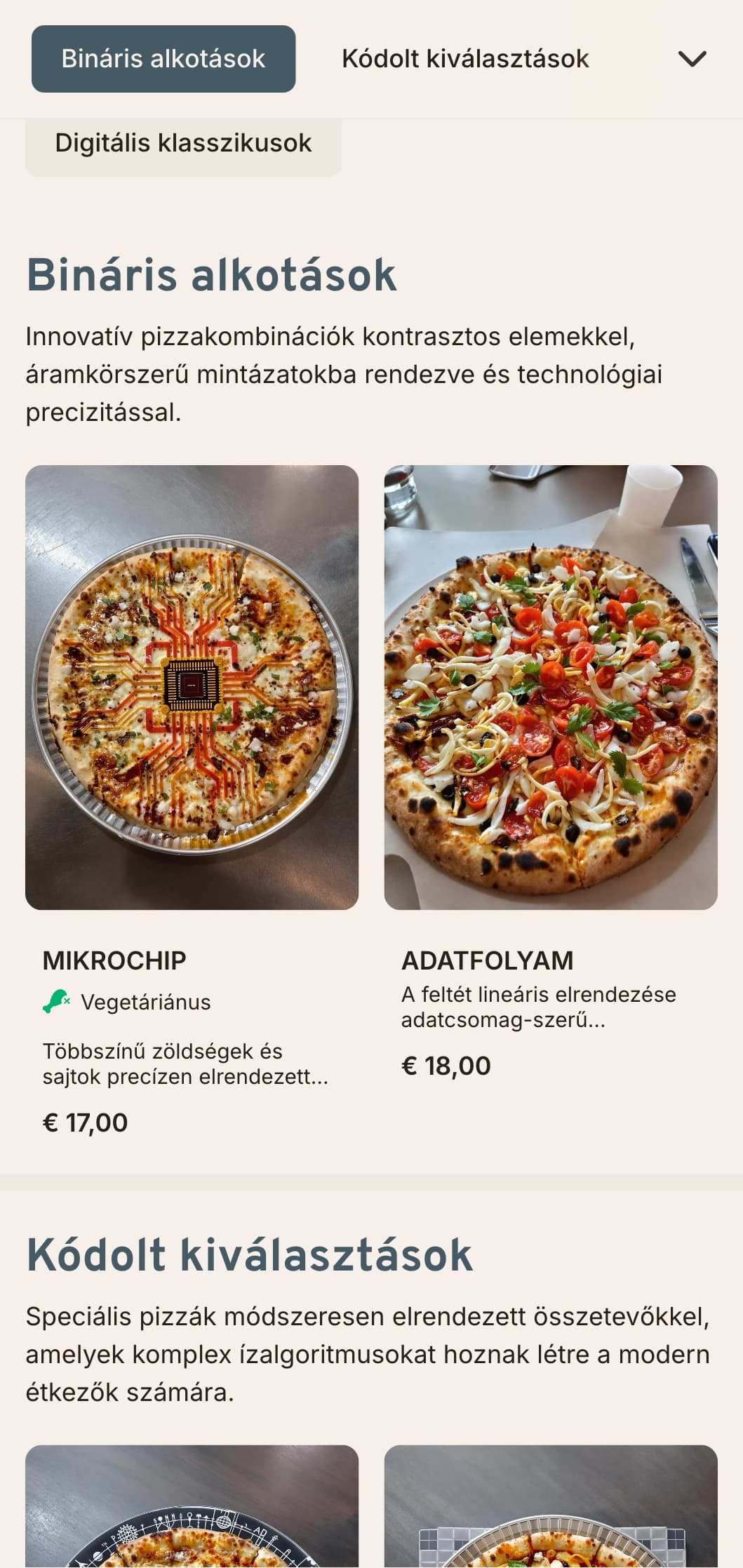 Technológiai ihletésű pizzamenü áramköri lap esztétikával kortárs helyszínekre.