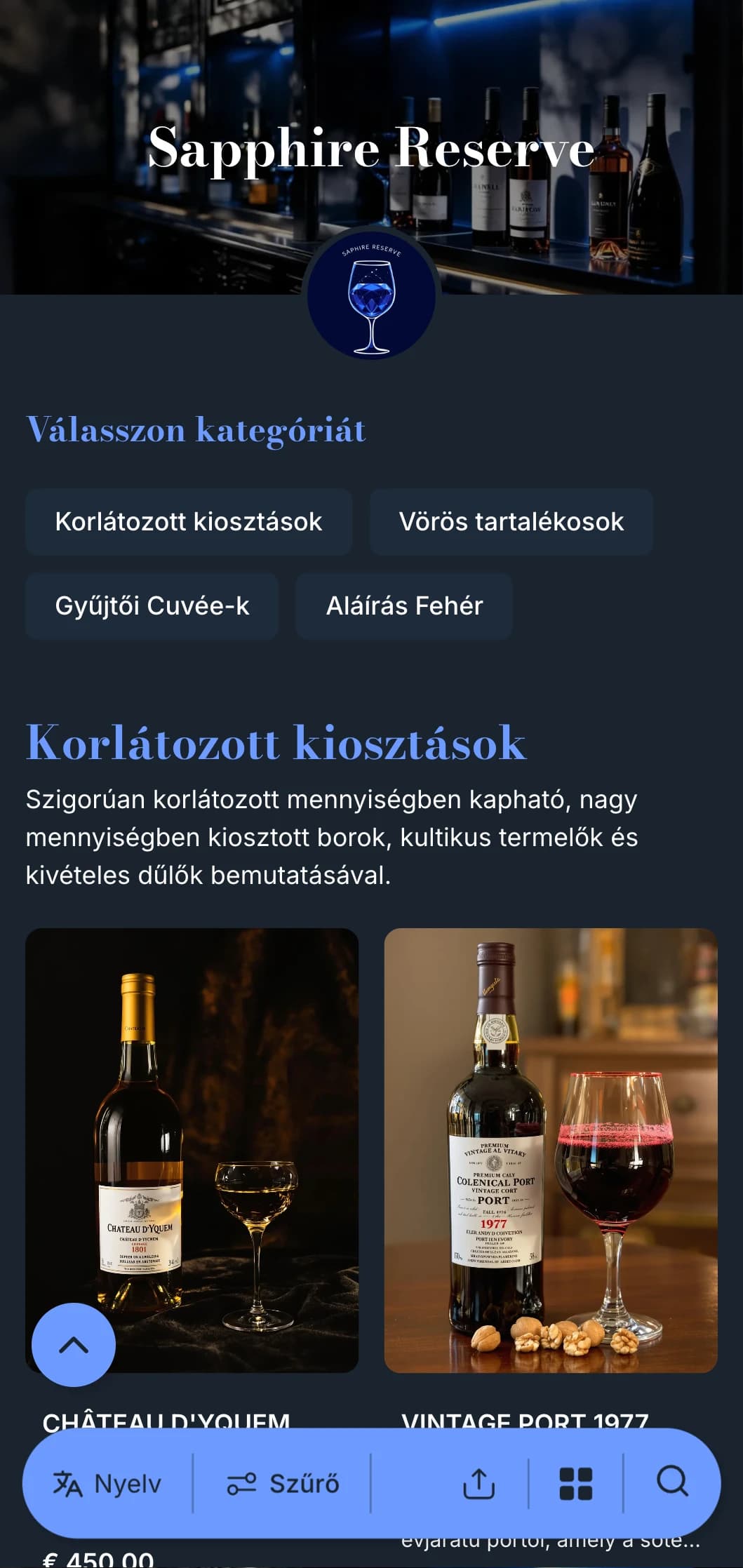 Mélyen kifinomult borlap sablon, feltűnő kék akcentusokkal tengerészkék háttérrel, ideális prémium borbárok és esti létesítmények számára.