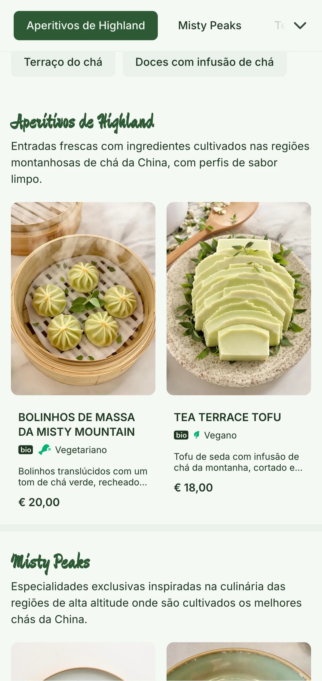 Design sereno do cardápio chinês inspirado nas plantações de chá nas montanhas, com elementos frescos para a culinária com infusão de chá.