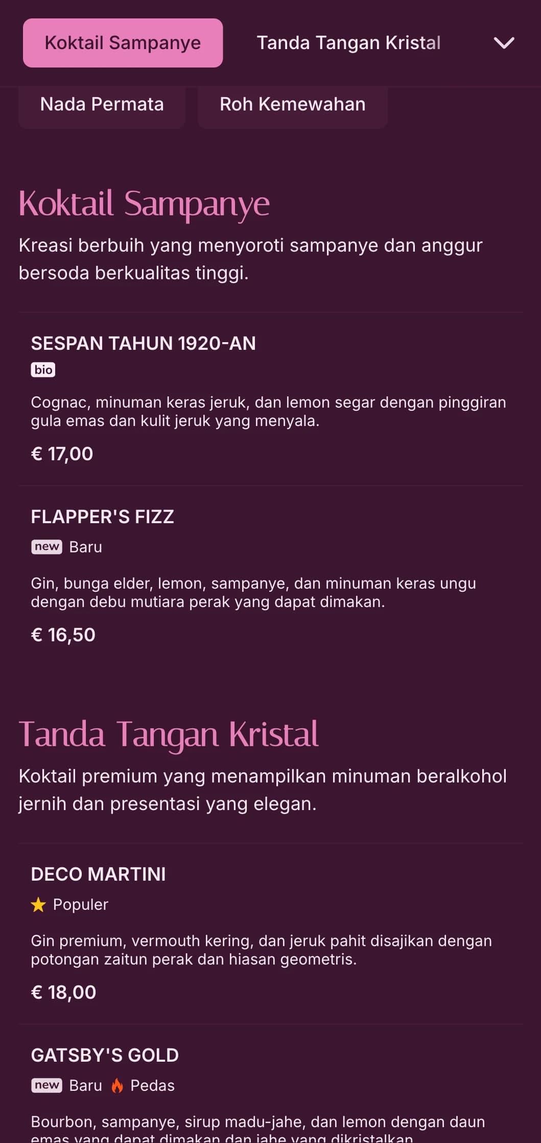 Desain merah muda yang canggih dan terinspirasi dari kristal untuk tujuan koktail kelas atas.