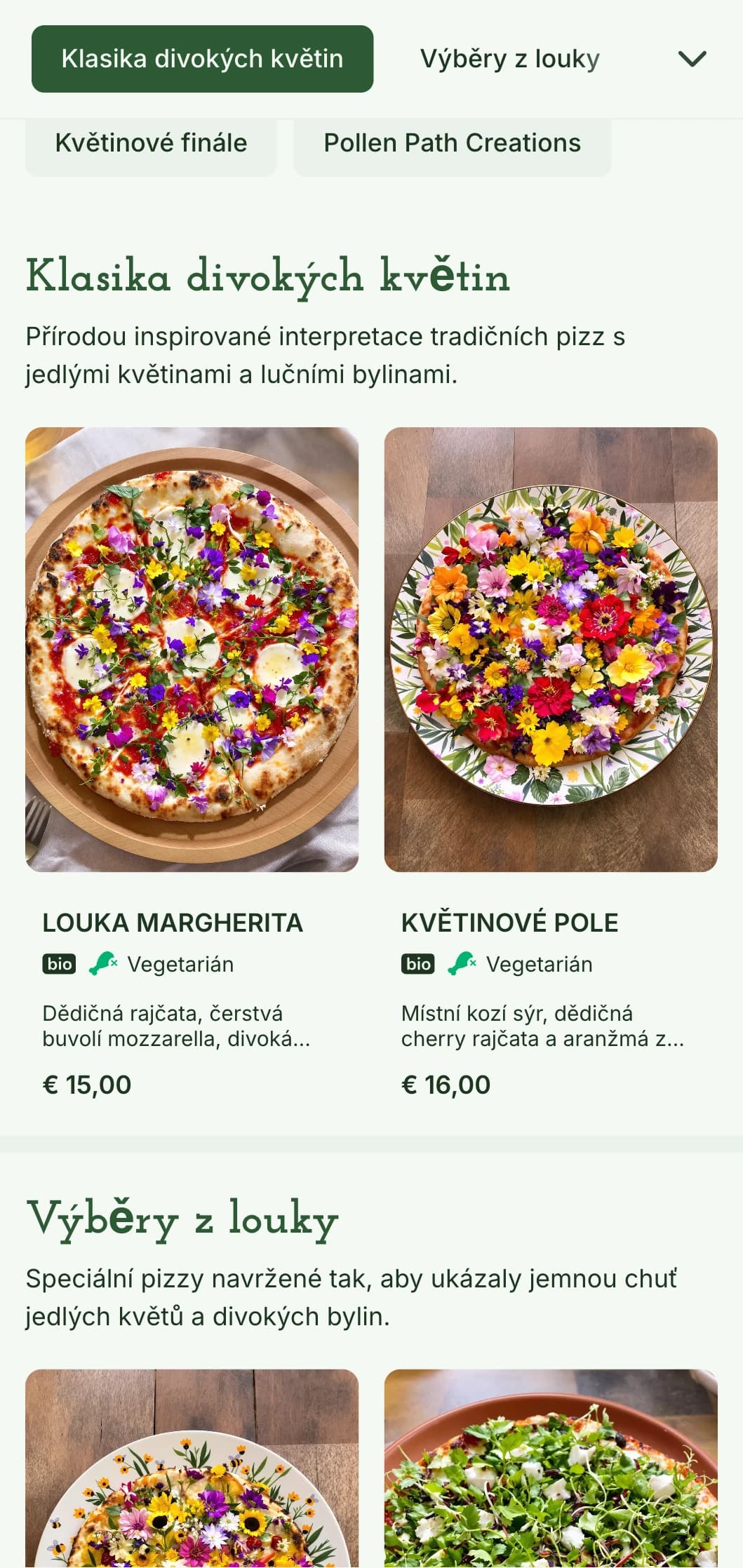 Nabídka pizzy inspirovaná divokými květinami s důrazem na místní, sbírané suroviny a přírodní prezentaci.