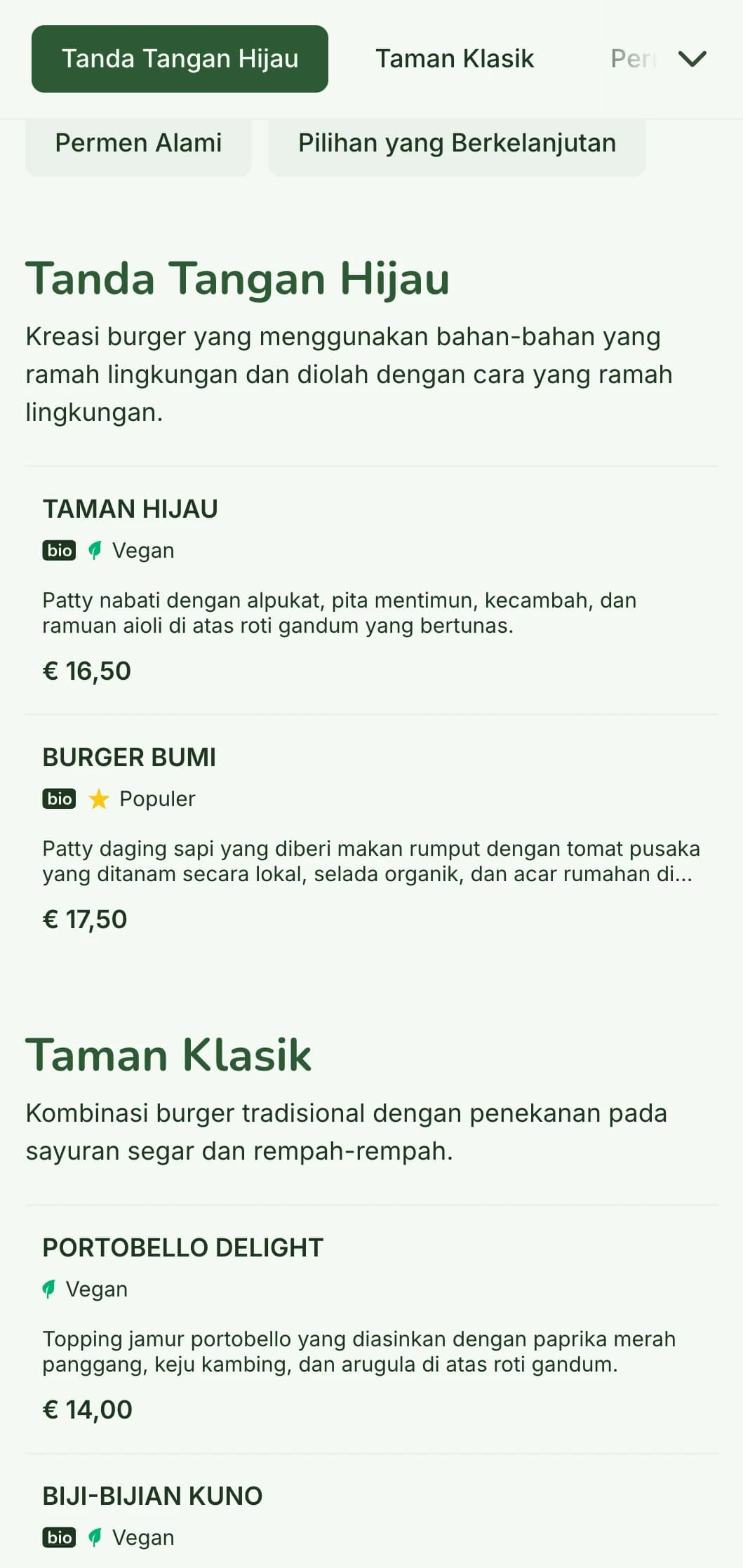 Menu burger ramah lingkungan dengan fokus pada keberlanjutan, yang menampilkan bahan-bahan alami dan pilihan nabati.