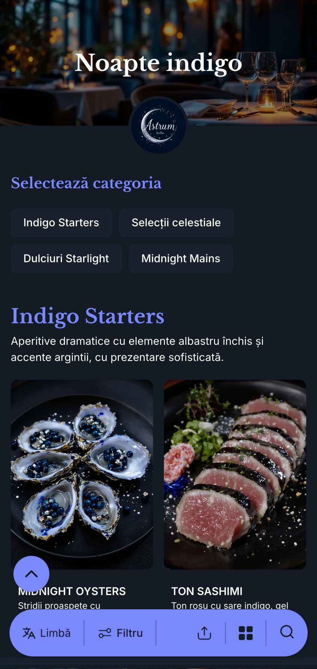 Un meniu de cină profund indigo cu tonuri de albastru miezul nopții și accente argintii, conceput pentru o cină de seară sofisticată.