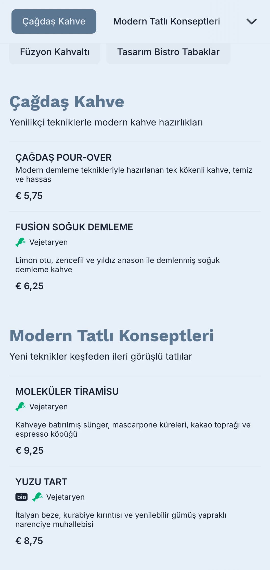 Modern bistrolar ve füzyon kafeler için deniz mavisi vurgulara sahip temiz ve çağdaş tasarım.