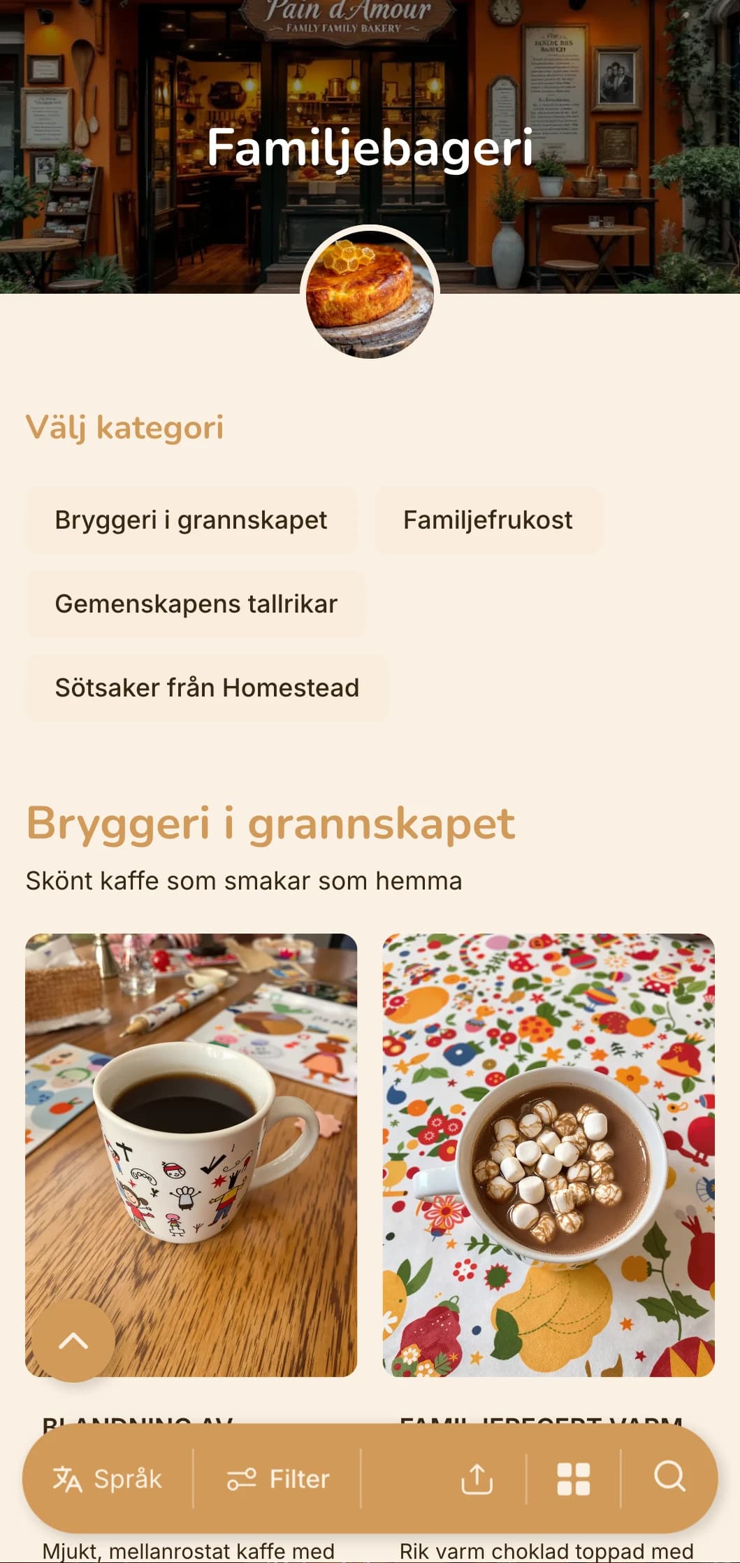 Varm orange design med hemtrevliga inslag för familjeägda bagerier och kvarterskaféer.