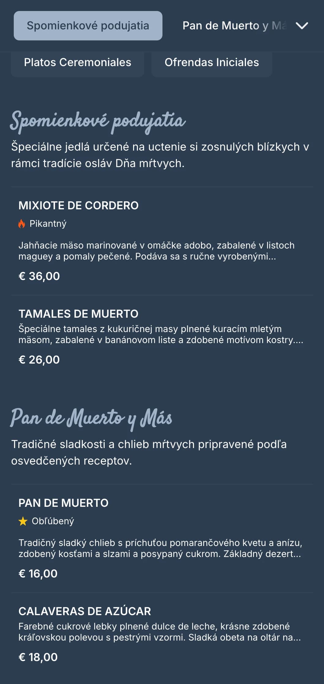 Umelecké a slávnostné menu na tému Dňa mŕtvych so sýtymi modrošedými tónmi, motívmi cukrových lebiek a špeciálnymi sezónnymi ponukami.
