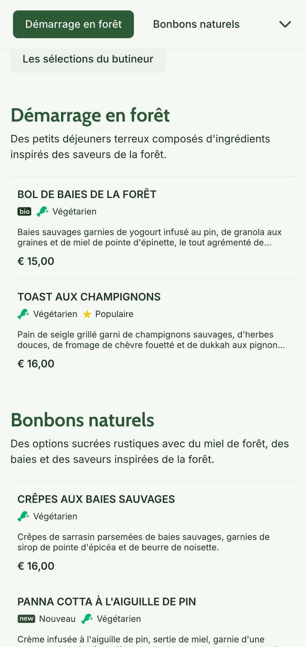 Des sélections de petits déjeuners terreux inspirés par les ingrédients de la forêt et présentés dans un style rustique et convivial.