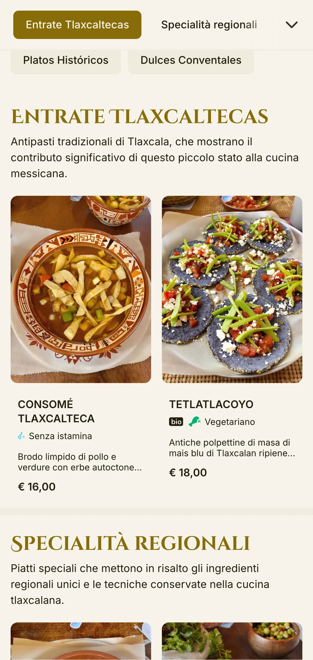 Menù elegante e storico che celebra le tradizioni culinarie di Tlaxcala con accenti dorati, influenze preispaniche e specialità regionali.