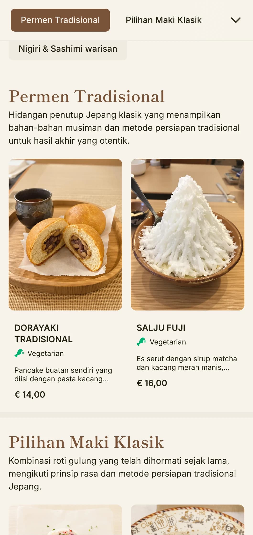 Menu sushi Jepang klasik dengan inspirasi Gunung Fuji, menampilkan elemen tradisional dan aksen cokelat hangat untuk bersantap yang otentik.