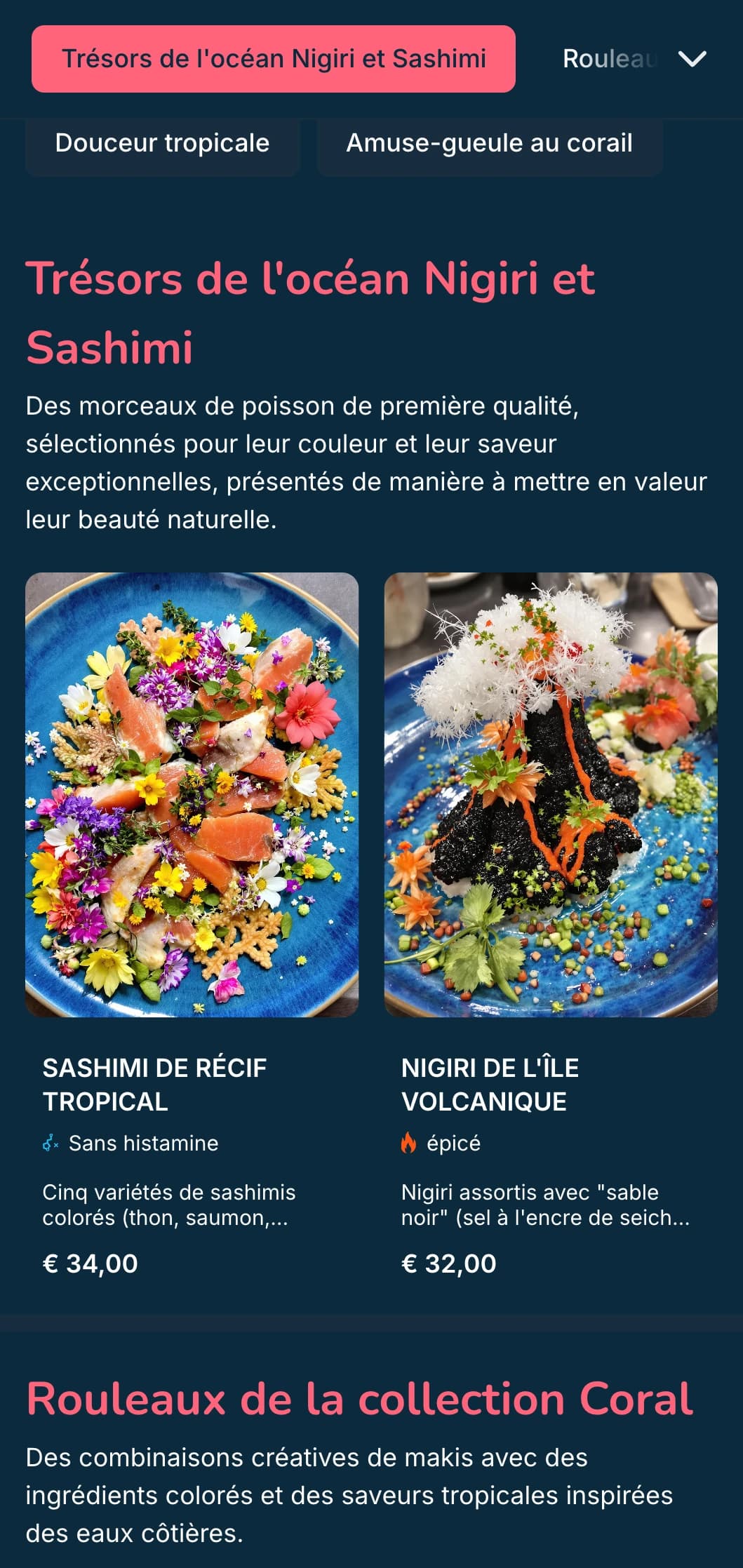 Menu de sushis vibrant inspiré de l'océan, avec des accents rose corail sur fond bleu profond, parfait pour les spécialistes des fruits de mer.