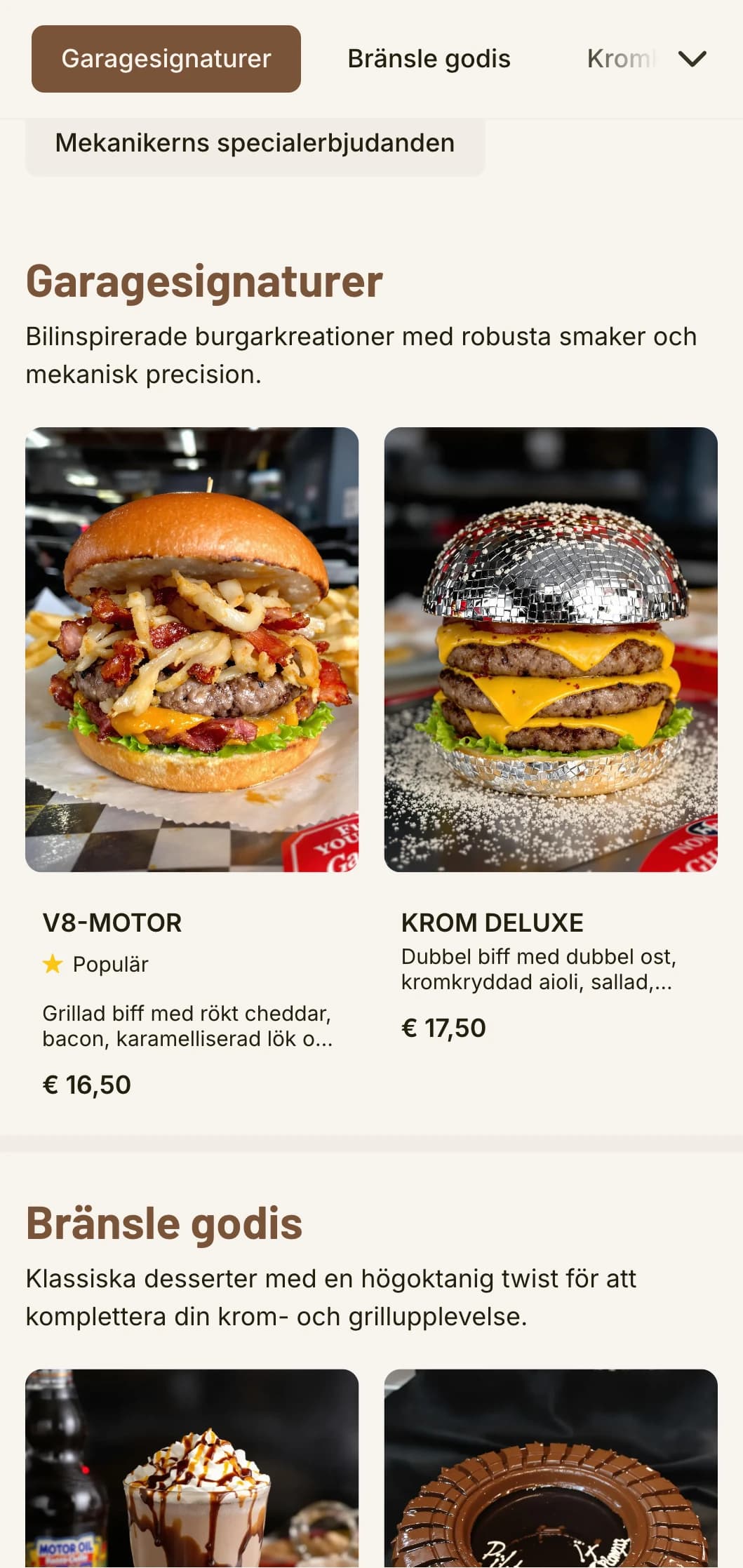 Klassiskt bilinspirerat burgergarage med bilelement och nostalgi från en vintage roadtrip.