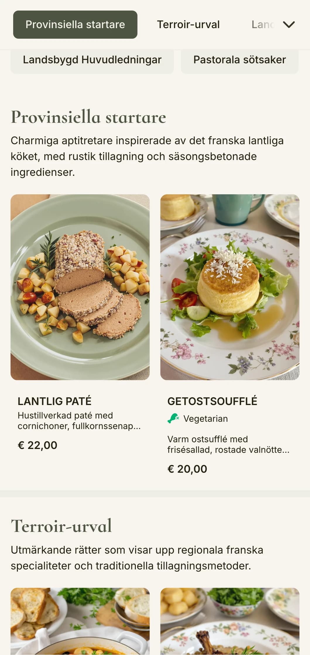 En charmig middagsmeny inspirerad av den franska landsbygdens estetik, med salviagröna toner och rustik elegans.