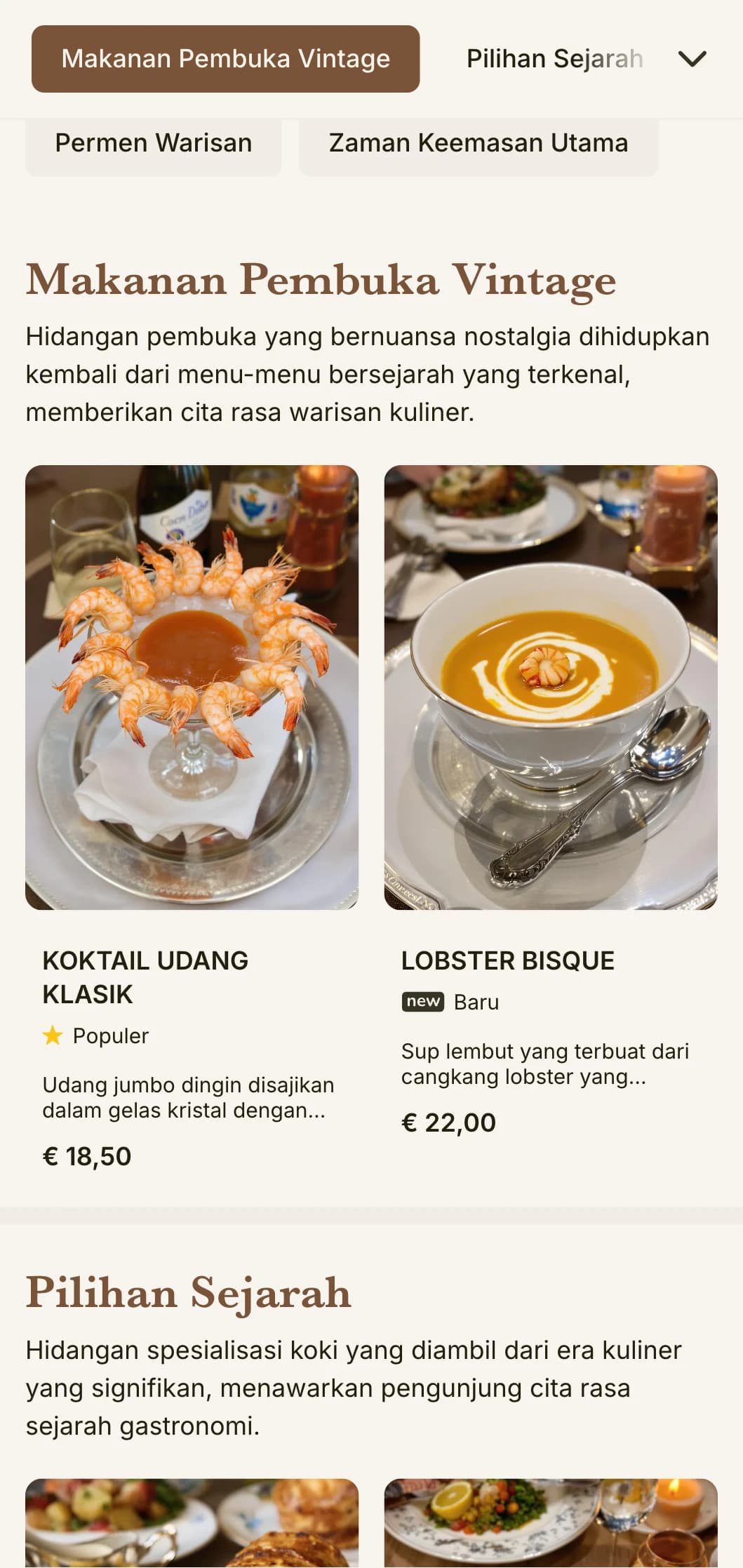 Desain menu makan siang yang terinspirasi dari zaman keemasan dengan referensi sejarah dan detail yang halus, cocok untuk restoran bersejarah dengan tradisi yang kaya.