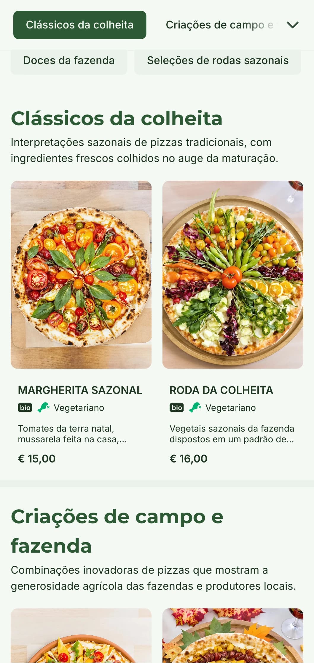 Menu de pizzas da fazenda para a mesa que celebra ingredientes sazonais e preparação rústica.