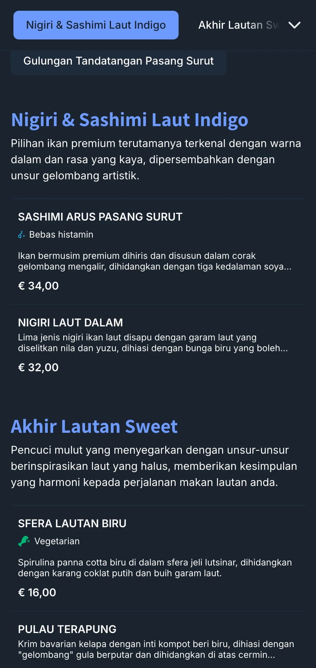 Menu sushi berinspirasikan lautan dengan ombak nila dalam dan reka bentuk kontemporari untuk restoran berfokuskan makanan laut.