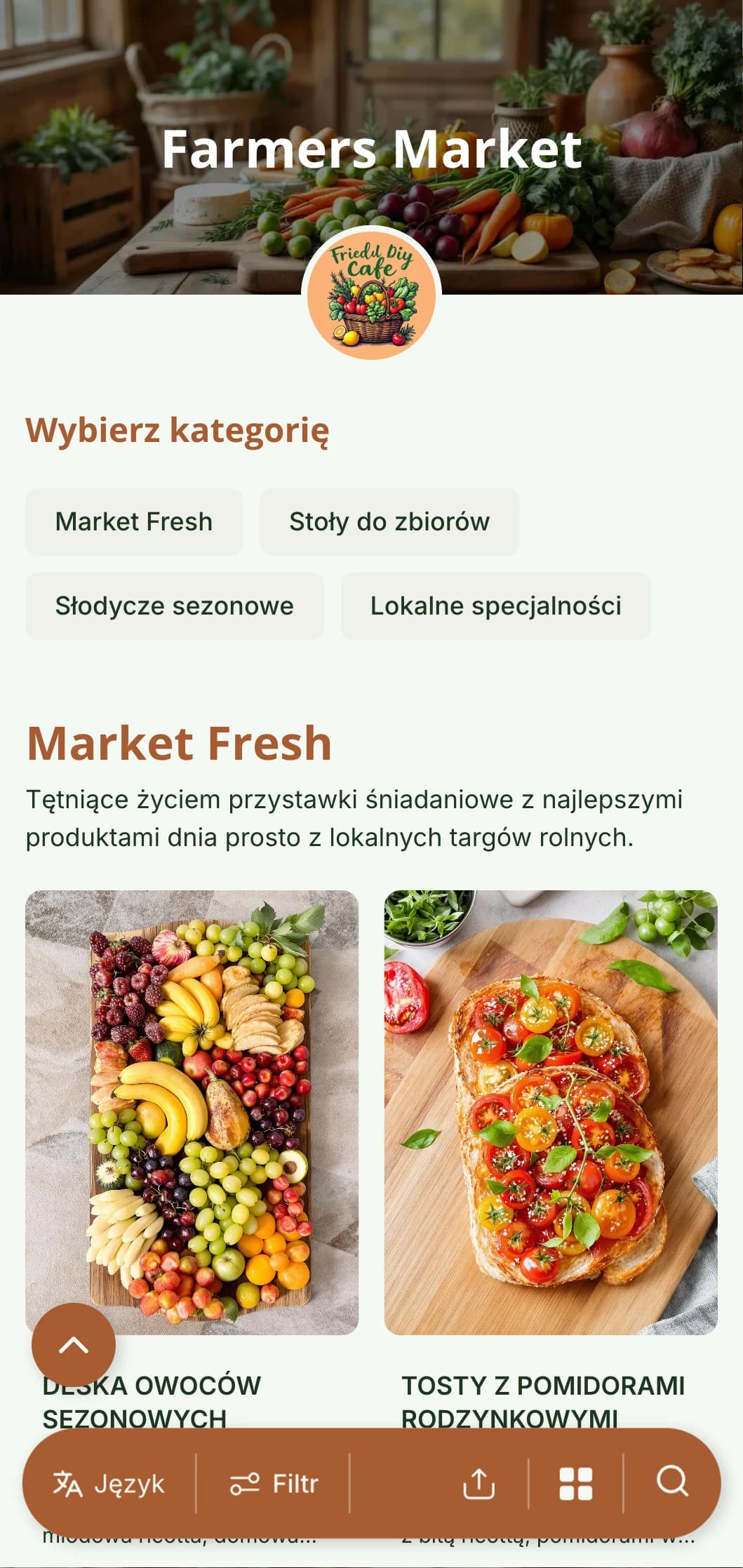 Świeży, sezonowy szablon brunchowy z rustykalnymi elementami, idealny do kawiarni typu farm-to-table z lokalnymi produktami.