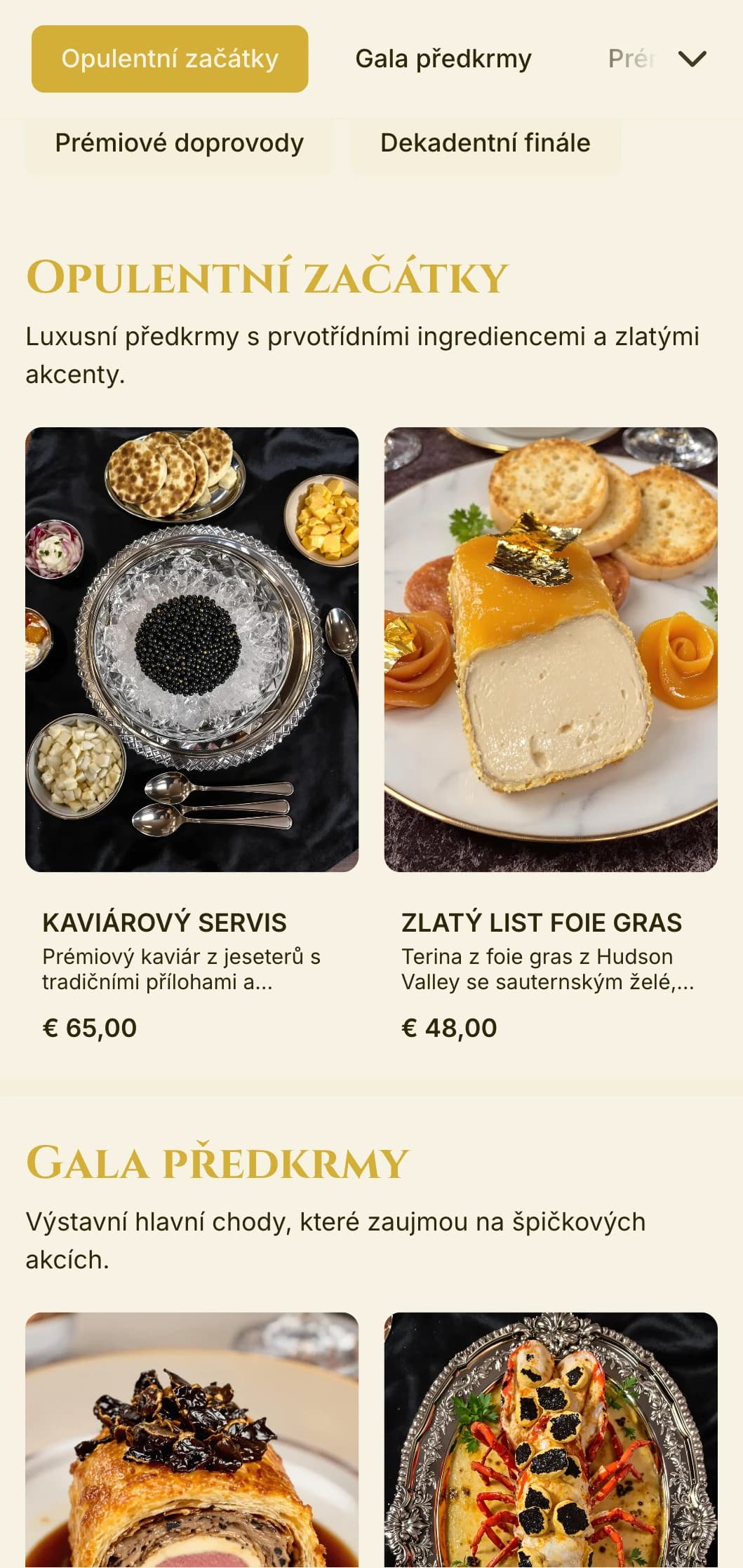 Opulentní cateringové služby s prvotřídními surovinami, zlatými akcenty a extravagantní prezentací pro špičkové galavečery a luxusní akce.