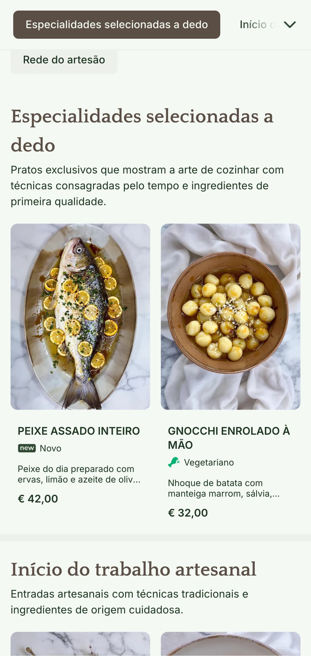 Um menu de jantar artesanal e aconchegante com elementos de design inspirados em artesanato e tons terrosos, perfeito para restaurantes com foco em culinária artesanal.