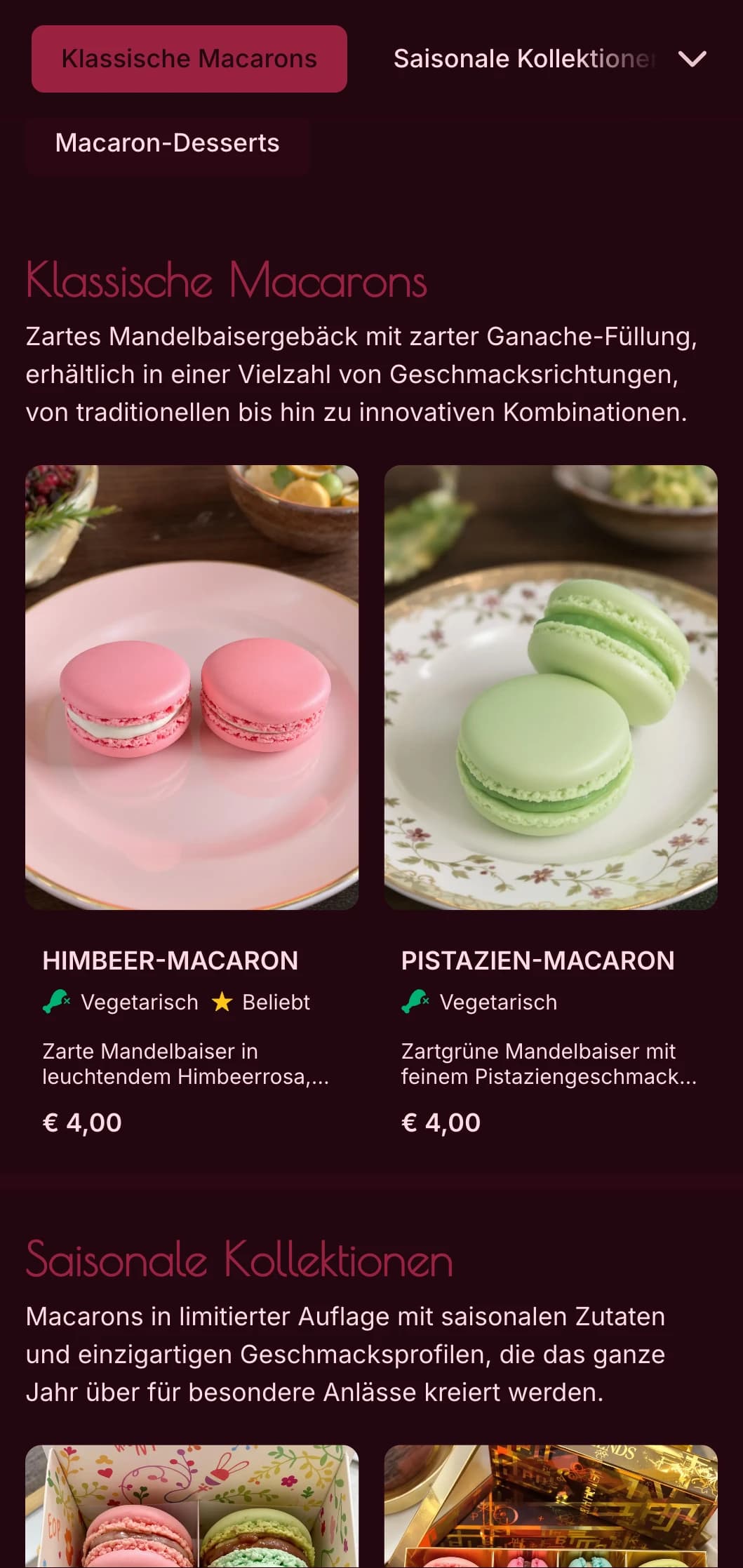 Ein farbenfrohes, luxuriöses Design für die Speisekarte einer Bäckerei mit kräftigen Rosatönen und eleganter Typografie, ideal für Macaron-Spezialisten und hochwertige Dessert-Boutiquen.