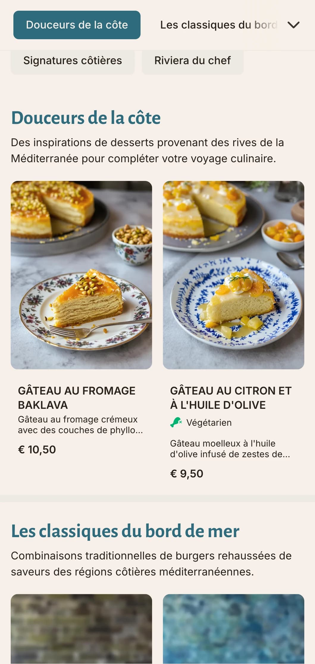 Menu de hamburgers d'inspiration côtière avec des accents bleus méditerranéens et des ingrédients frais.