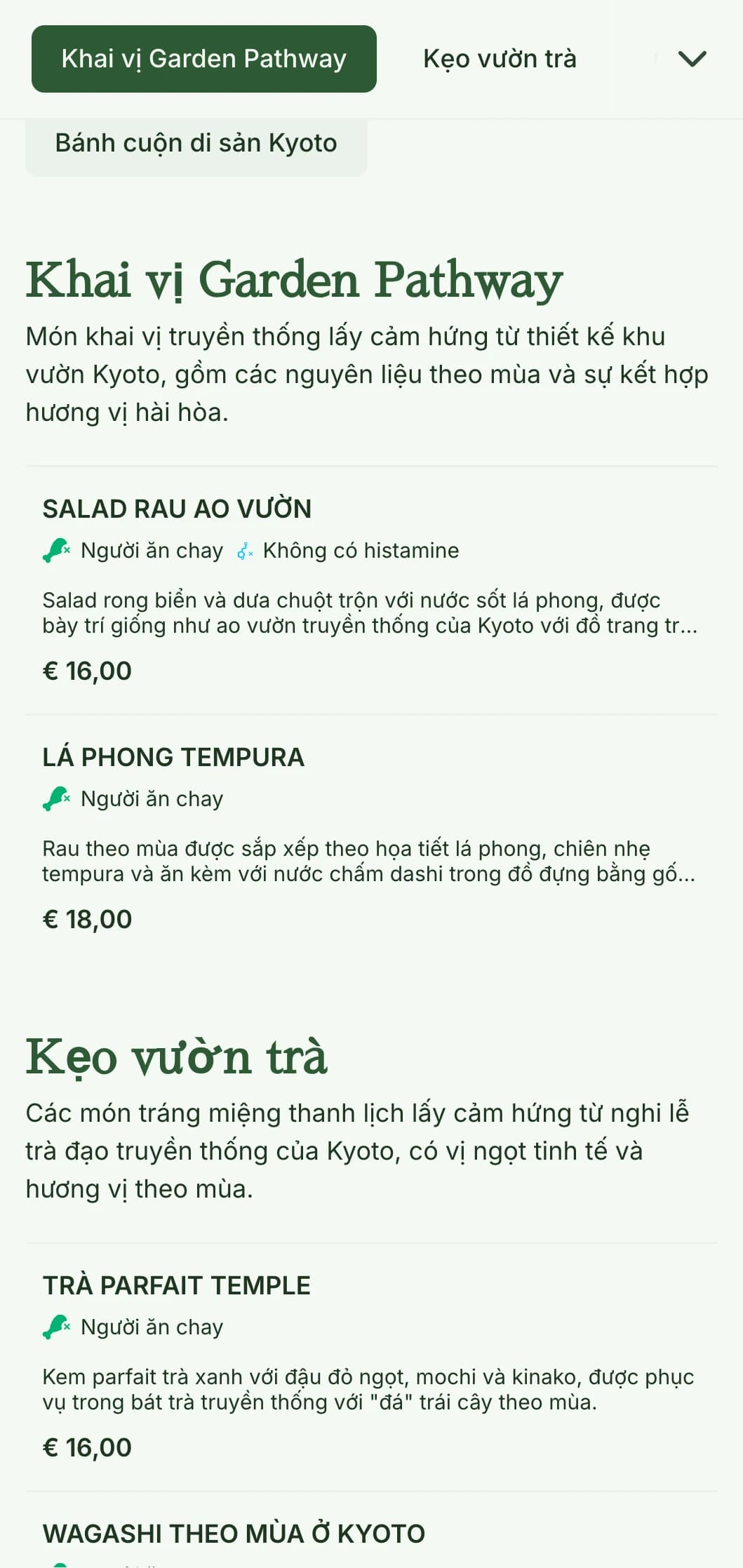 Thực đơn sushi theo phong cách vườn Nhật Bản truyền thống với tông màu xanh thanh bình và các yếu tố cổ điển.