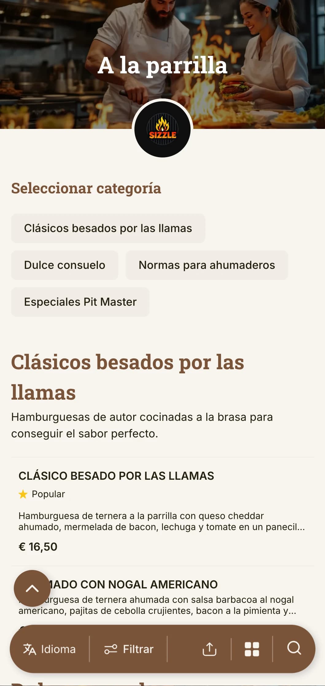 Diseño atrevido centrado en la parrilla con tonos cálidos de madera y detalles de llama para disfrutar de la auténtica experiencia de una hamburguesa a la parrilla.