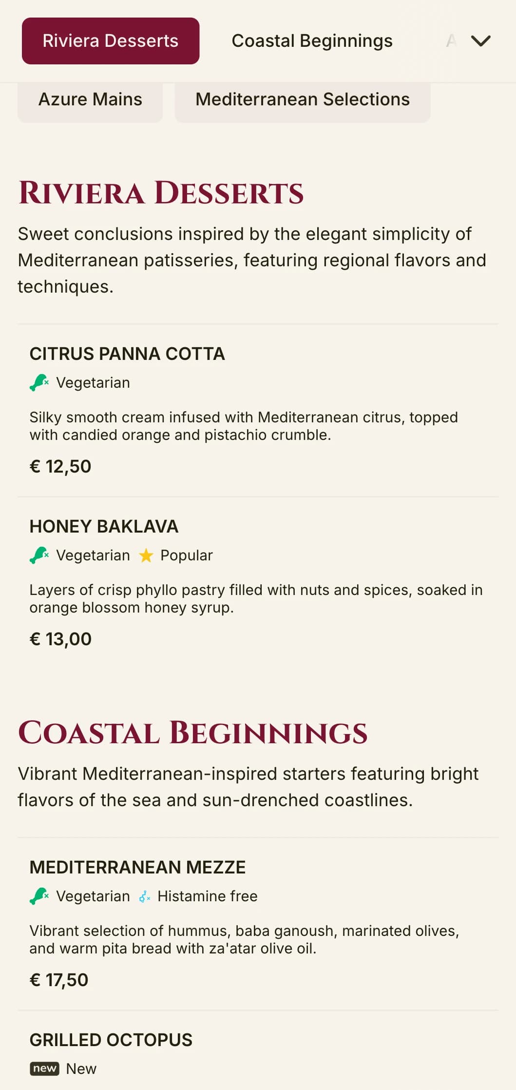 Striking, Mediterranean-inspired lunch menu design with vibrant accents and elegant layout, perfect for upscale seaside restaurants and vacation destination dining.