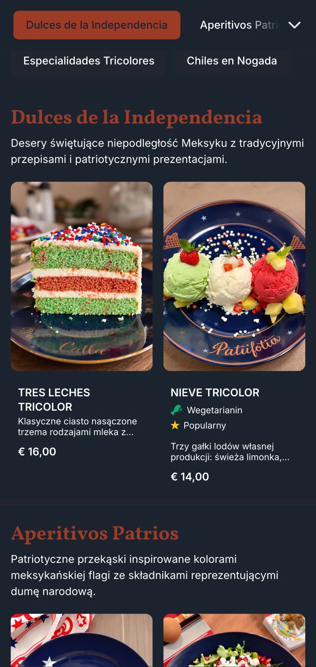 Patriotyczne i świąteczne menu celebrujące niepodległość Meksyku z elementami terakoty, zieleni i bieli oraz sezonowymi specjałami.