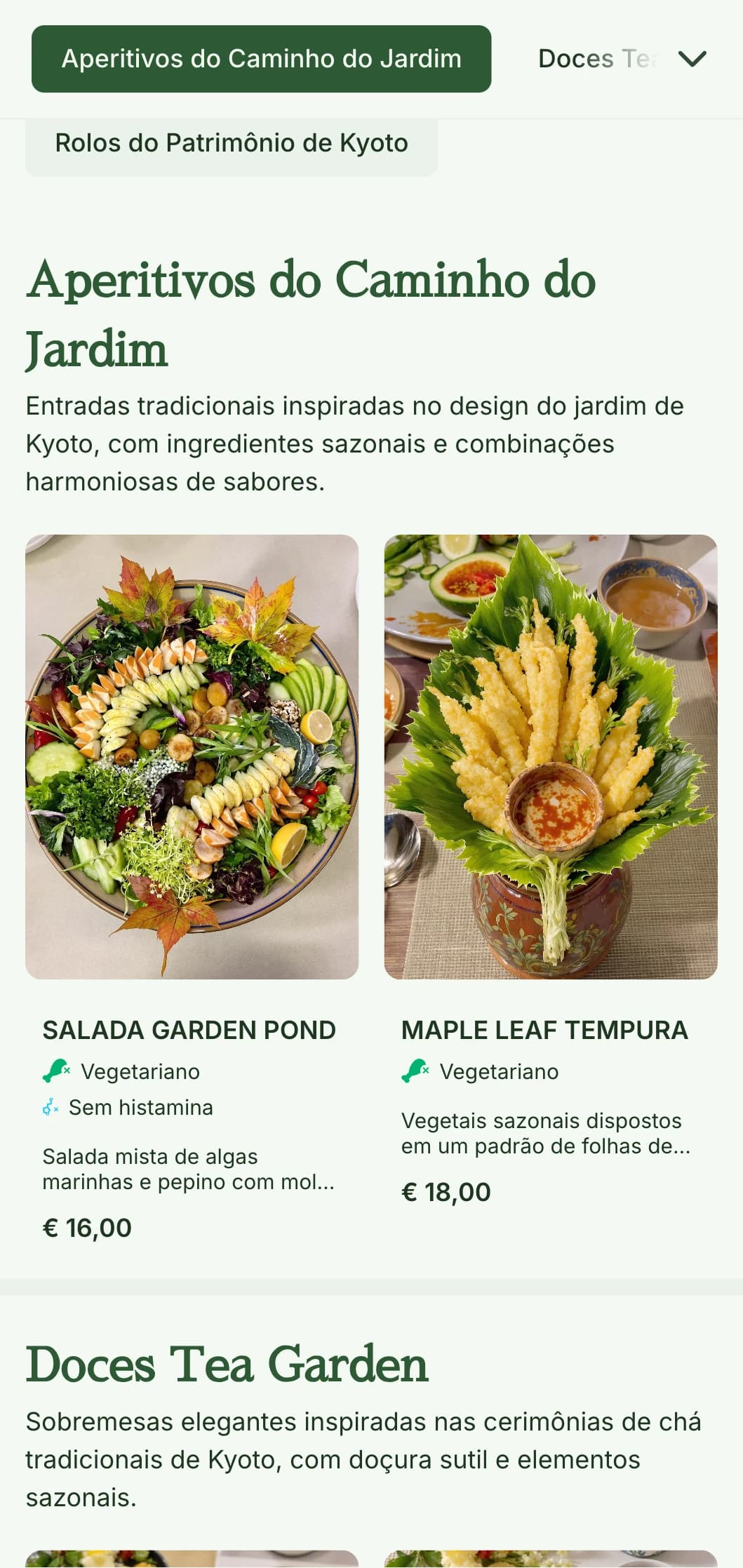Menu de sushi tradicional japonês inspirado em um jardim, com tons verdes serenos e elementos clássicos.