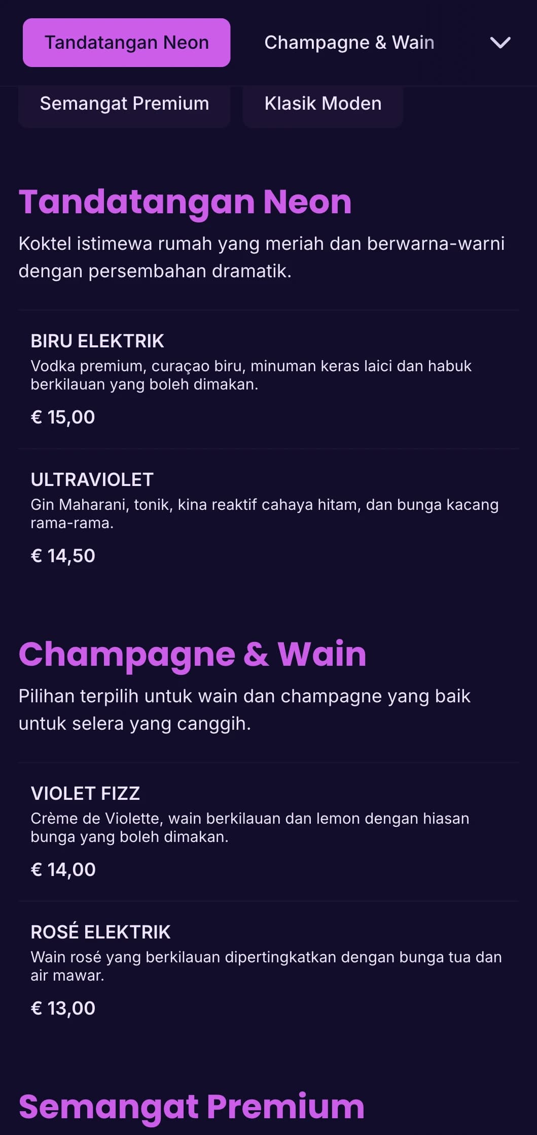 Reka bentuk ungu dan ultraungu yang terang untuk kelab malam yang bergaya dan lounge koktel.