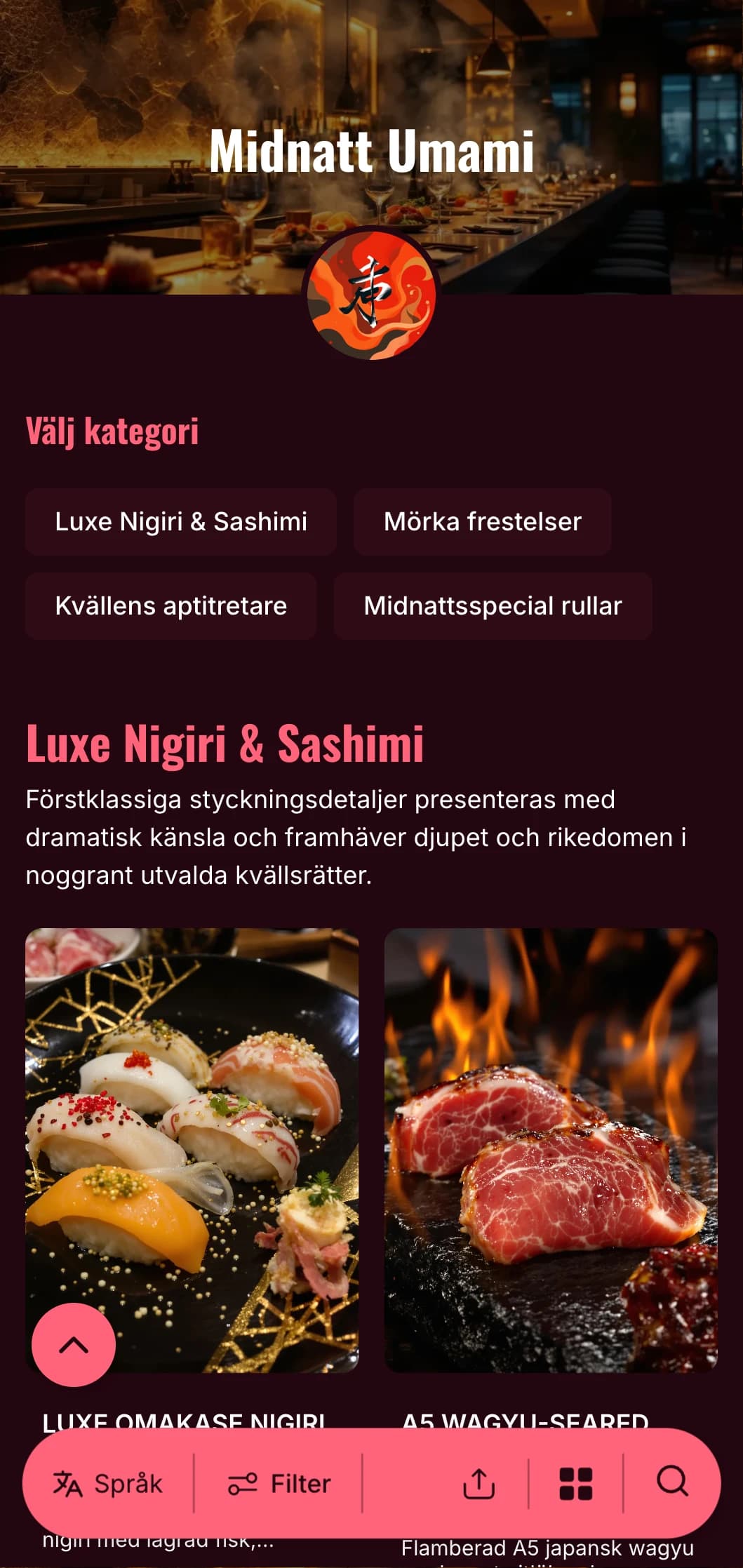 Lyxig sushi-upplevelse sent på kvällen med djärva kontraster, med rik vinröd färg och ljusa accenter mot en djup bakgrund.