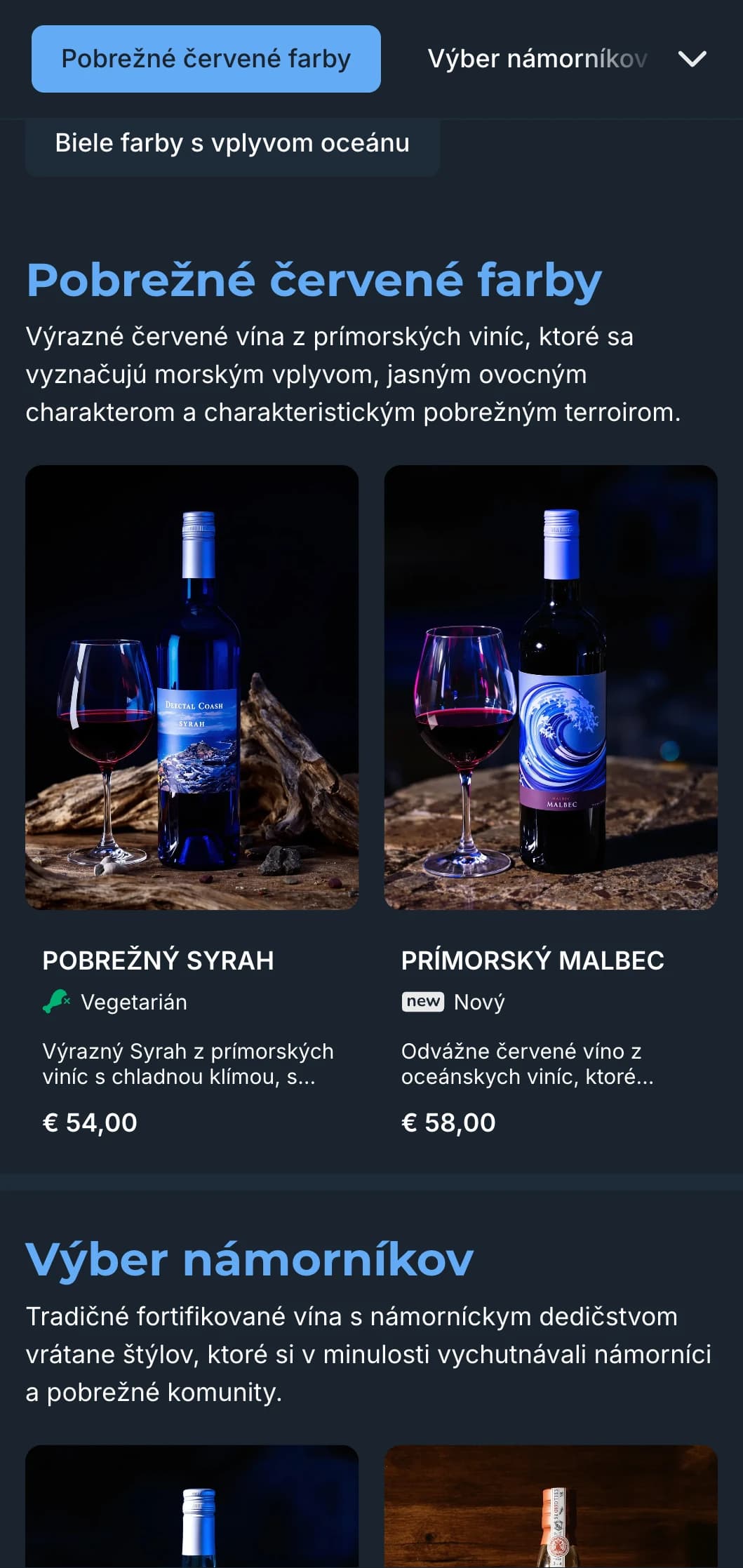Šablóna tmavého vínneho lístka inšpirovaná Stredomorím so žiarivými modrými akcentmi, ideálna pre večerné pobrežné reštaurácie a prímorské vinárske zážitky.