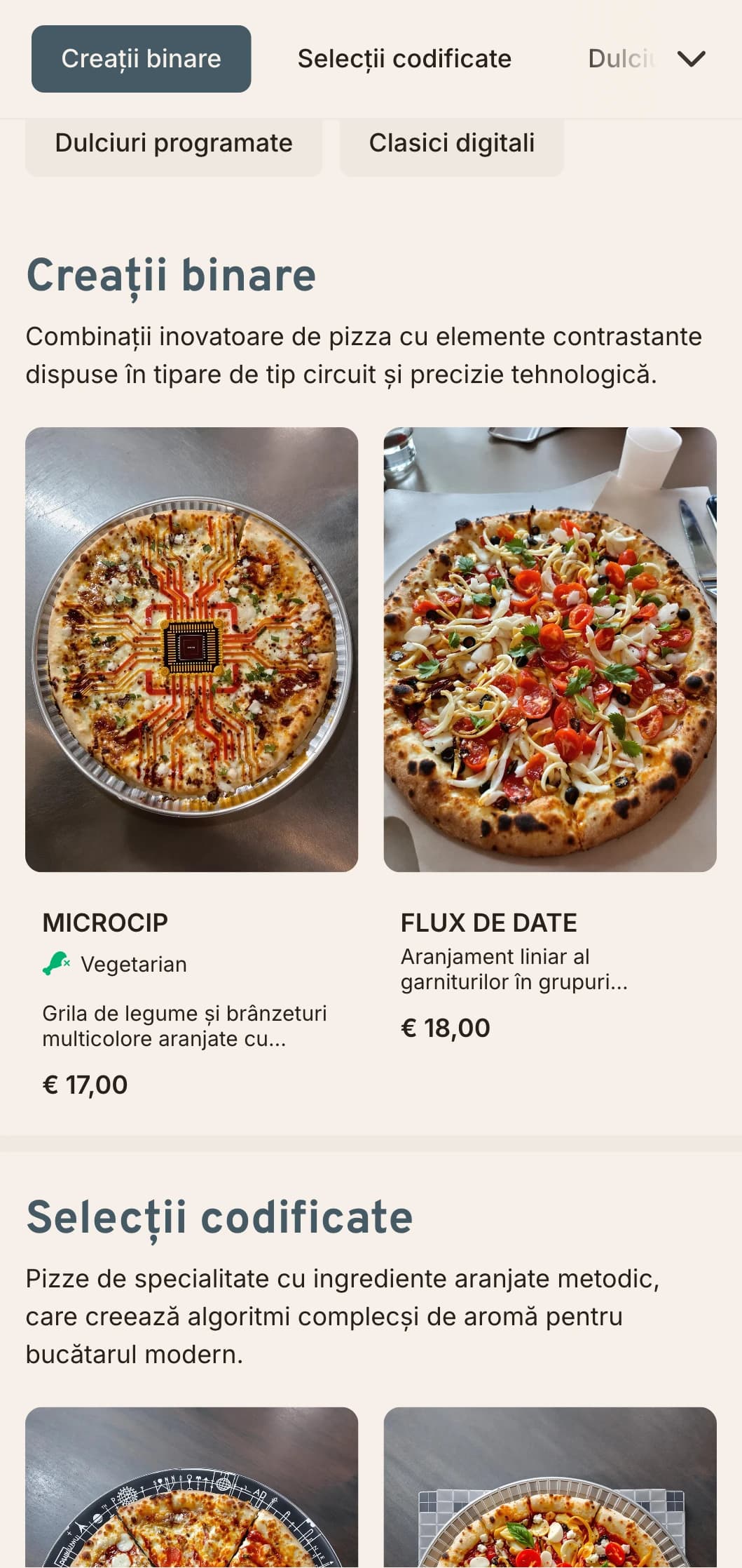 Meniu de pizza de inspirație tehnologică, cu o estetică a plăcilor de circuite pentru localuri contemporane.
