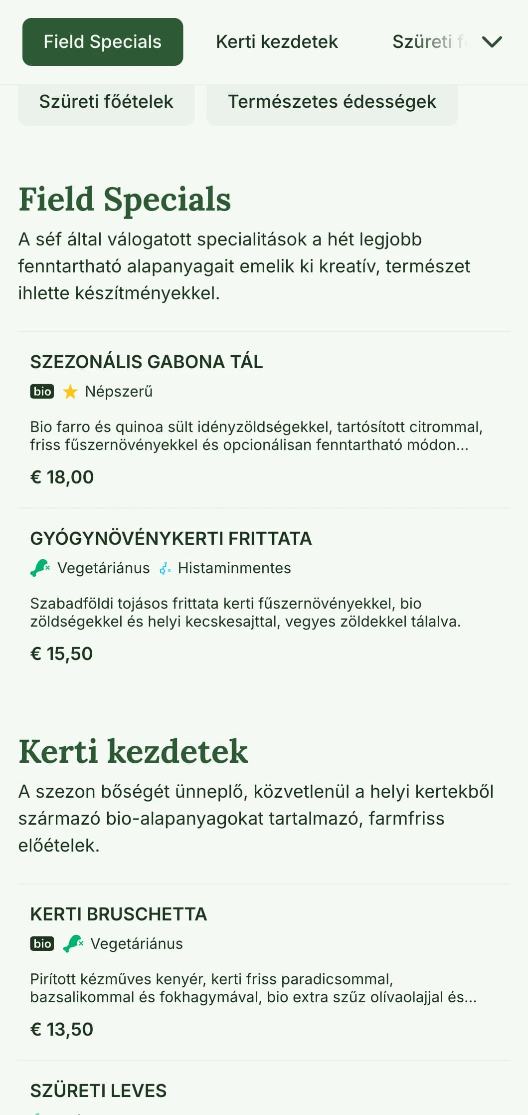 Friss, természet ihlette ebédmenü-tervezés, amely kiemeli a szezonális alapanyagokat és a farmtól az asztalig kínálatot, ideális olyan kávézók és éttermek számára, amelyek az egészséges, organikus déli étkezésre helyezik a hangsúlyt.