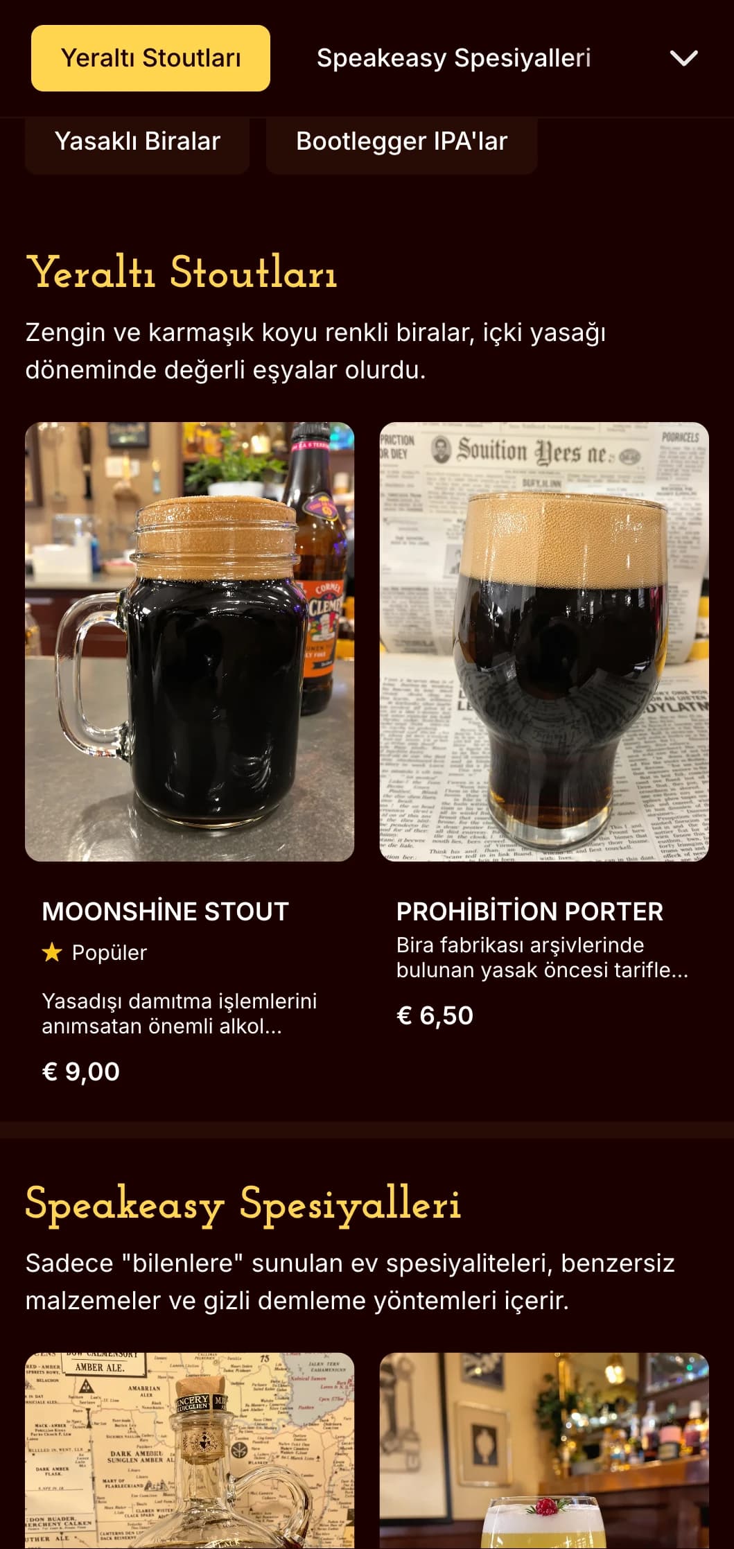 Koyu tonları ve gizemli estetiğiyle gizli ve vintage içki yasağı dönemi tasarımı, speakeasy temalı bira barları için ideal.
