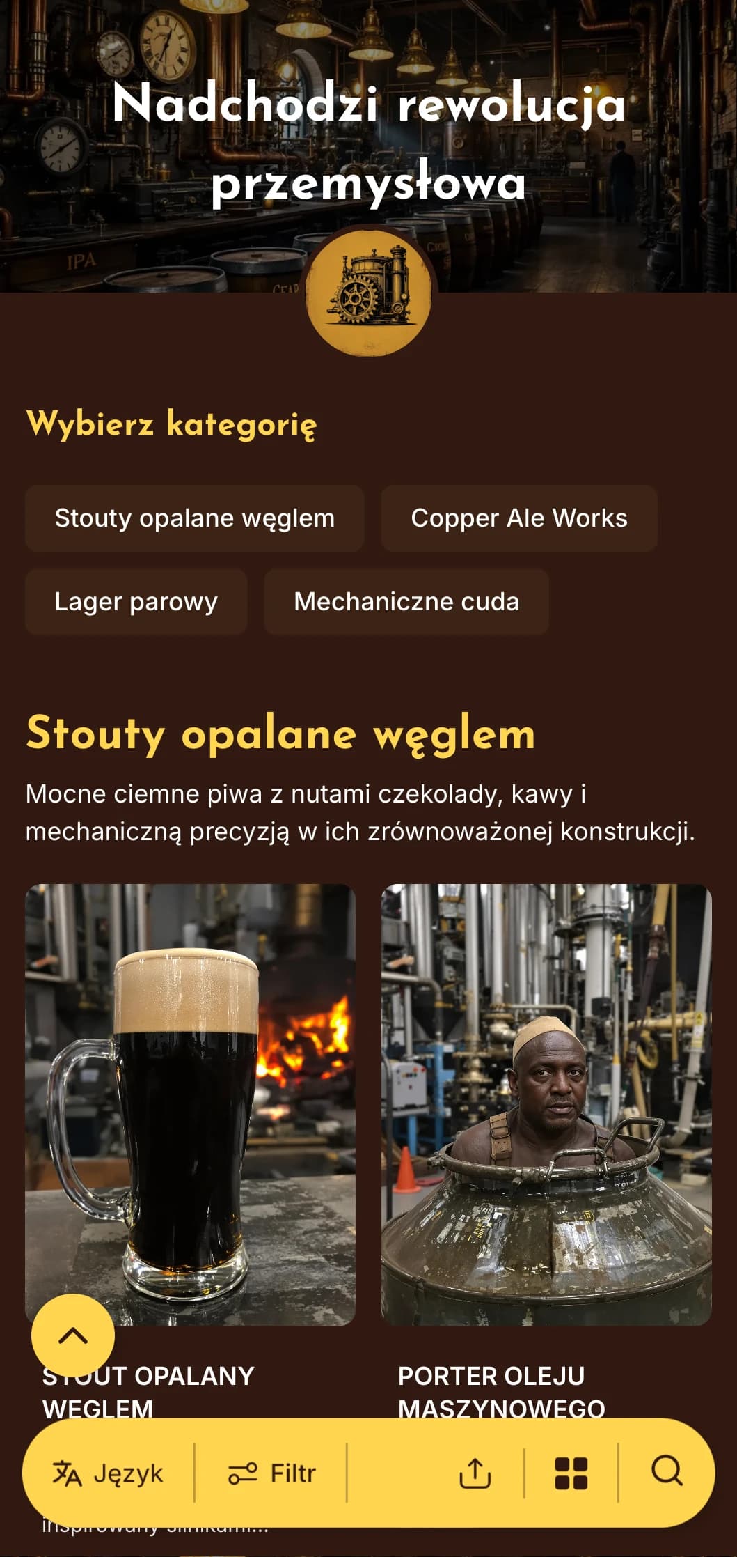 Napędzana parą estetyka industrialna z mosiężnymi akcentami i elementami mechanicznymi, idealna do browarów w stylu steampunk.