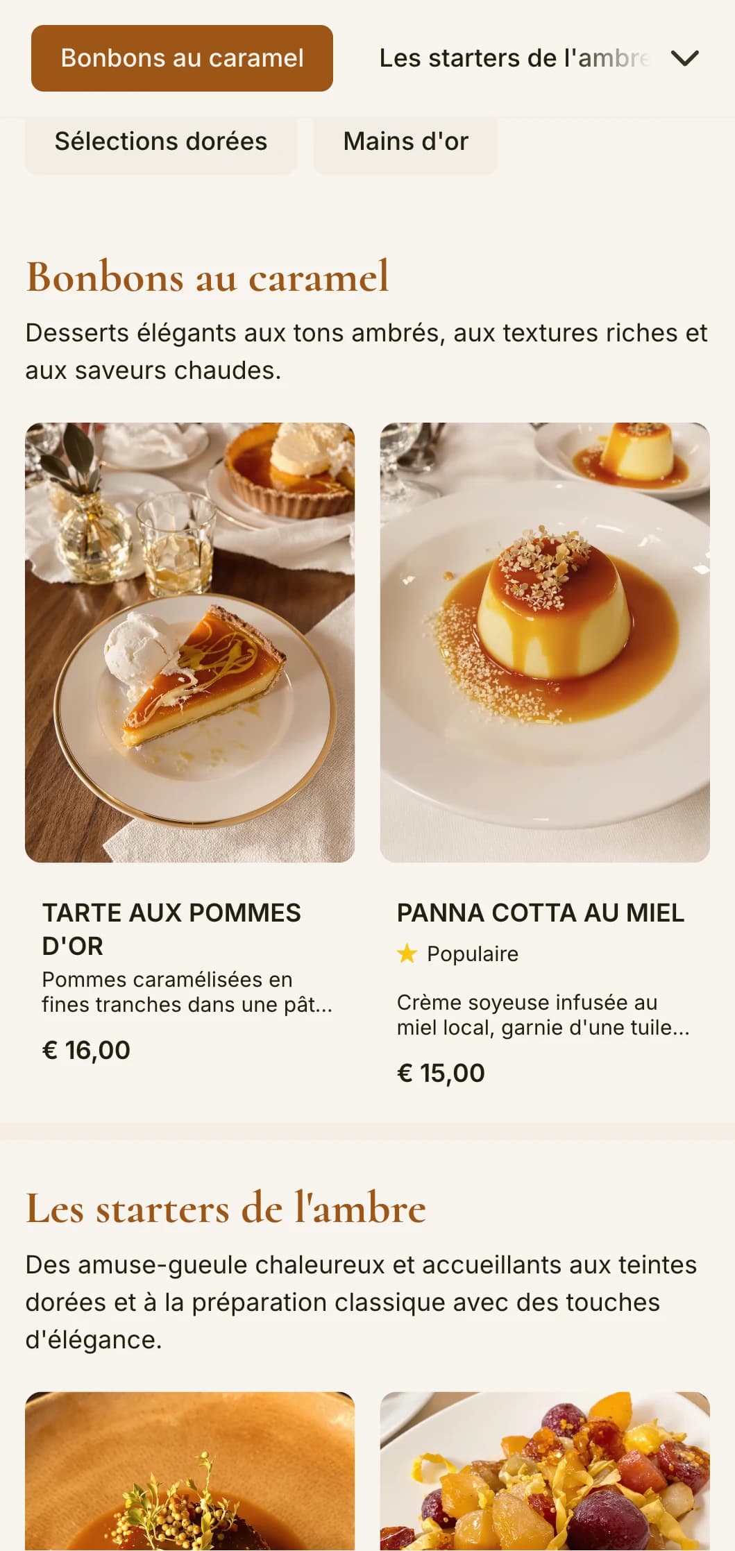 Un menu de dîner aux tons chauds et ambrés, avec des éléments de conception classique, parfait pour les établissements où l'ambiance est à l'heure de l'or.
