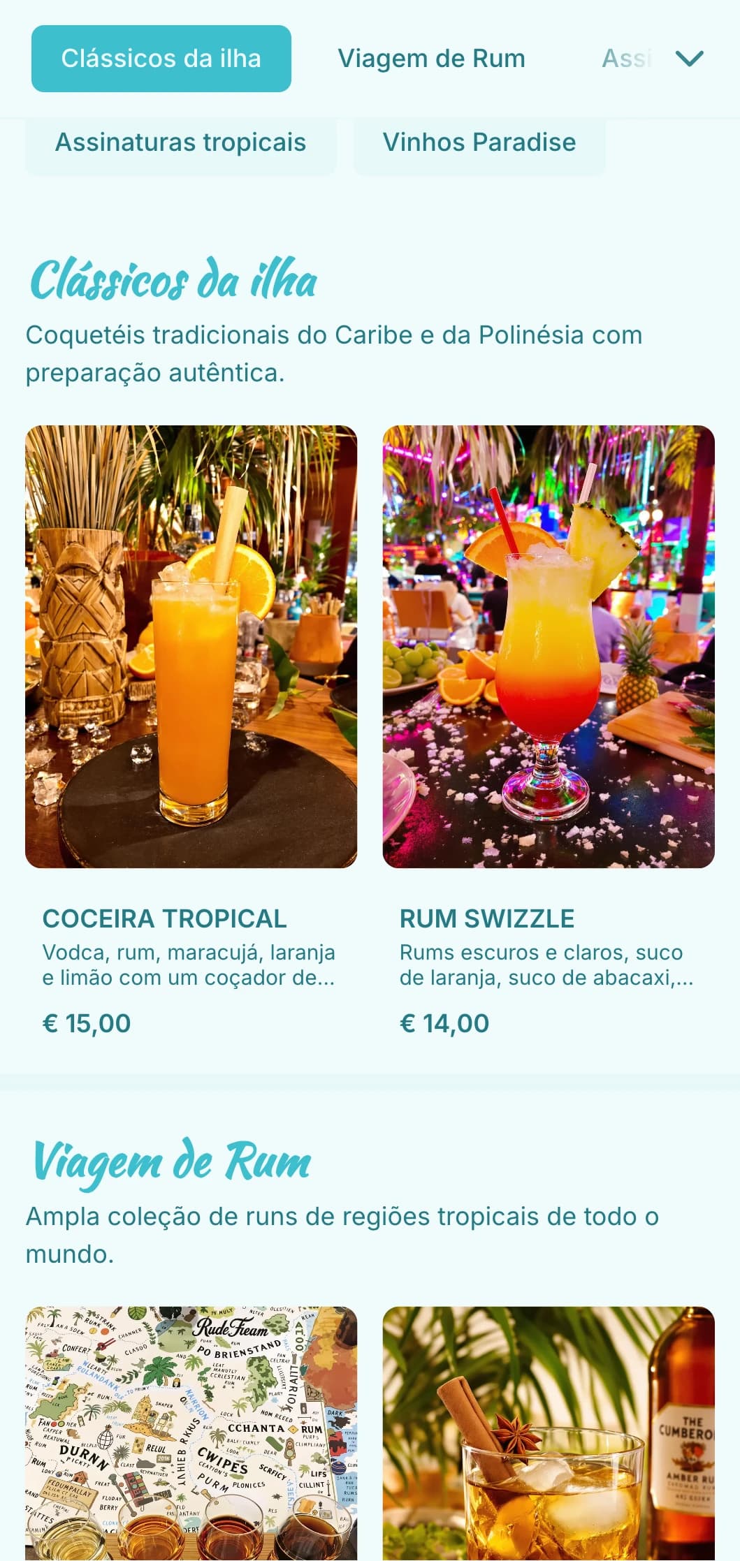 Design turquesa brilhante com elementos tropicais para bares de tiki e rum.