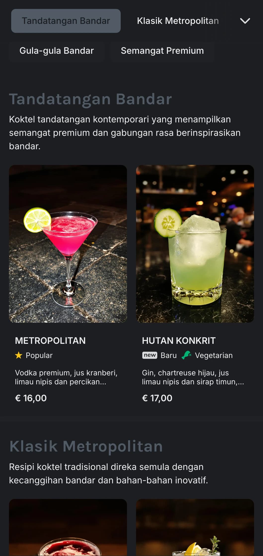 Reka bentuk kontemporari yang diilhamkan oleh bandar untuk bar koktel bandar yang menampilkan elemen industri dan tipografi yang bersih.