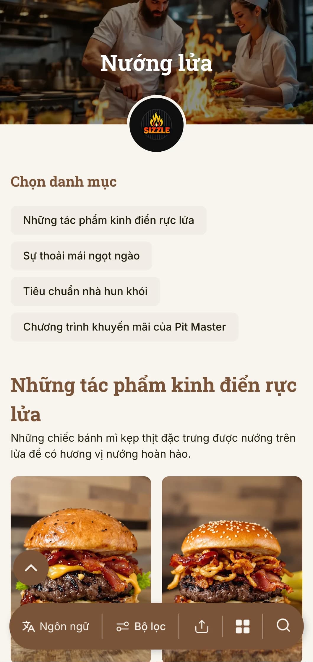 Thiết kế tập trung vào món nướng với tông màu gỗ ấm áp và điểm nhấn là ngọn lửa mang đến trải nghiệm nướng than đích thực.