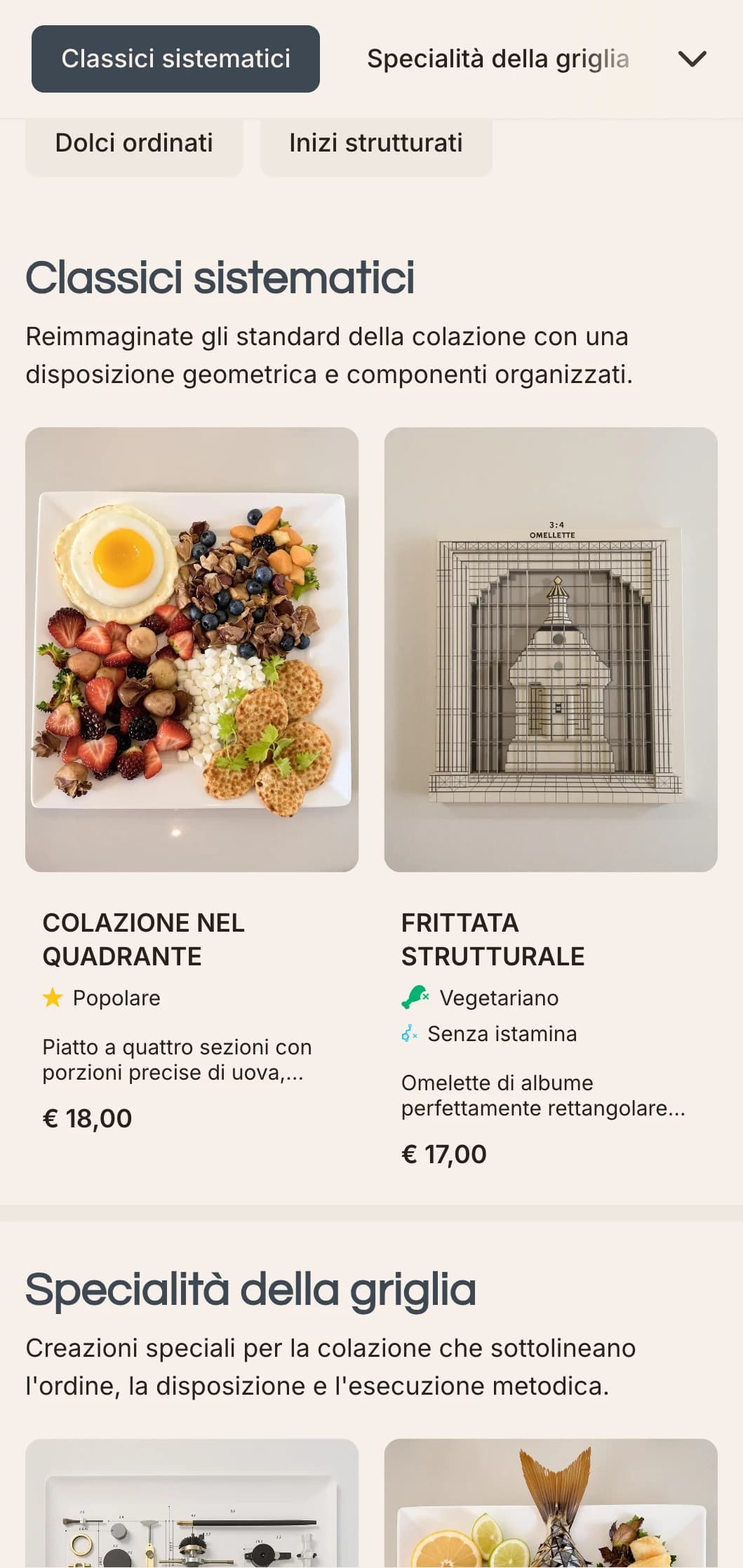 Opzioni mattutine accuratamente organizzate con presentazione modulare e combinazioni di sapori contemporanei.
