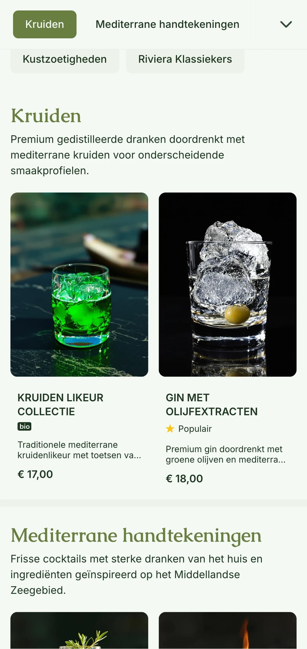 Een op het Middellandse Zeegebied geïnspireerd ontwerp voor bars die gespecialiseerd zijn in kruidenlikeuren en botanische cocktails met olijfgroene tinten.