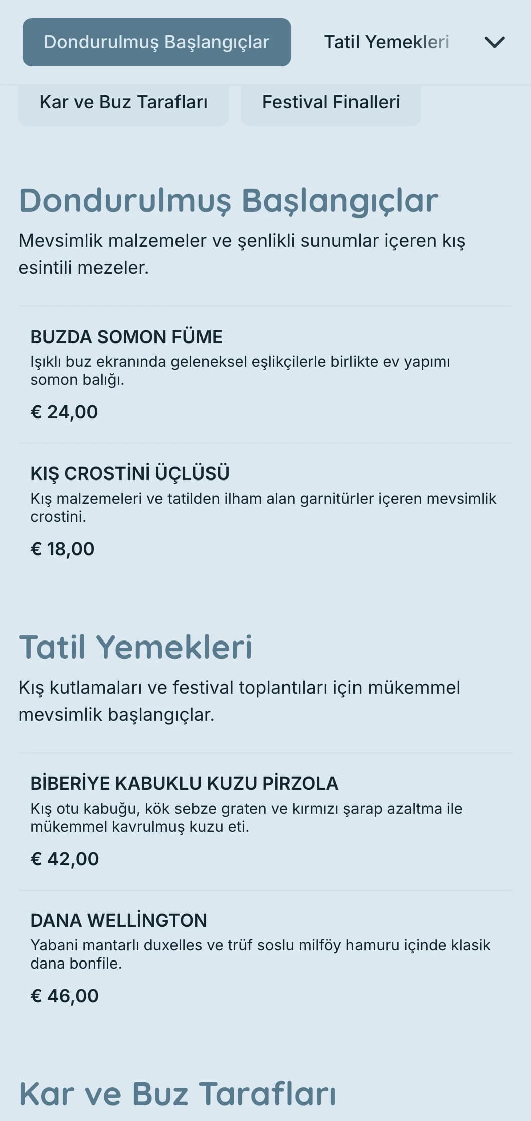 Tatil partileri ve kış etkinlikleri için mevsimlik malzemeler, dramatik sunum ve rahat unsurlarla büyülü kış temalı catering.