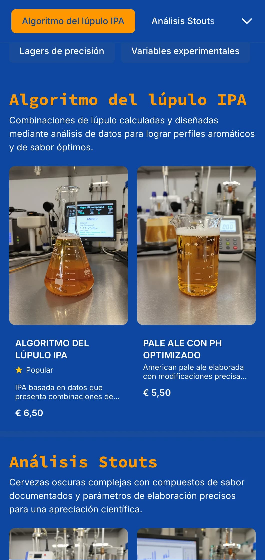 Diseño técnico y preciso con estética de plano y elementos de visualización de datos, ideal para empresas cerveceras que ponen de relieve procesos científicos.