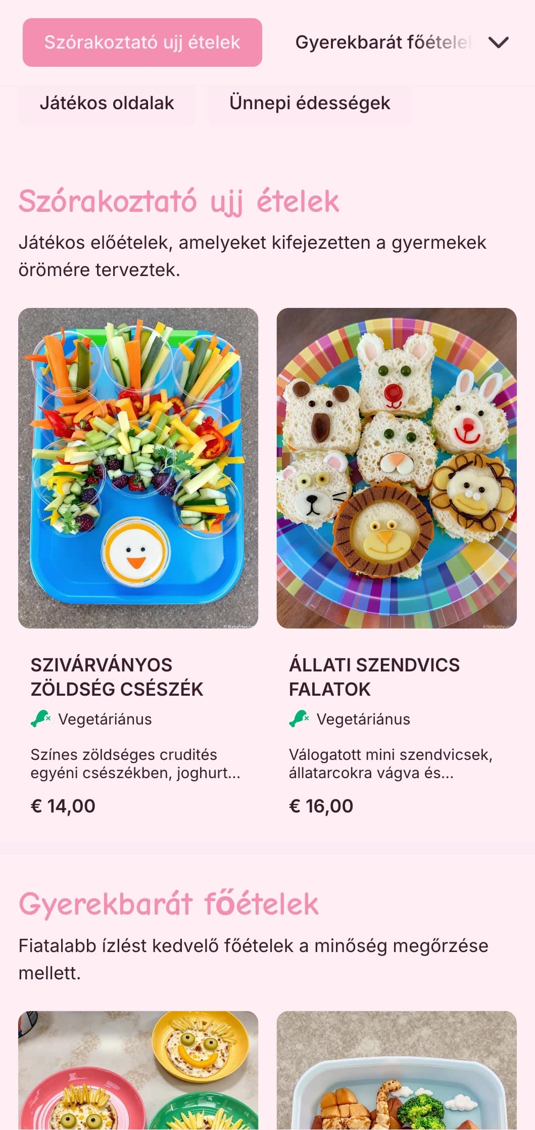 Vidám, színes, kifejezetten gyermekrendezvényekre tervezett catering, játékos prezentációval, gyerekbarát lehetőségekkel és interaktív ételállomásokkal.